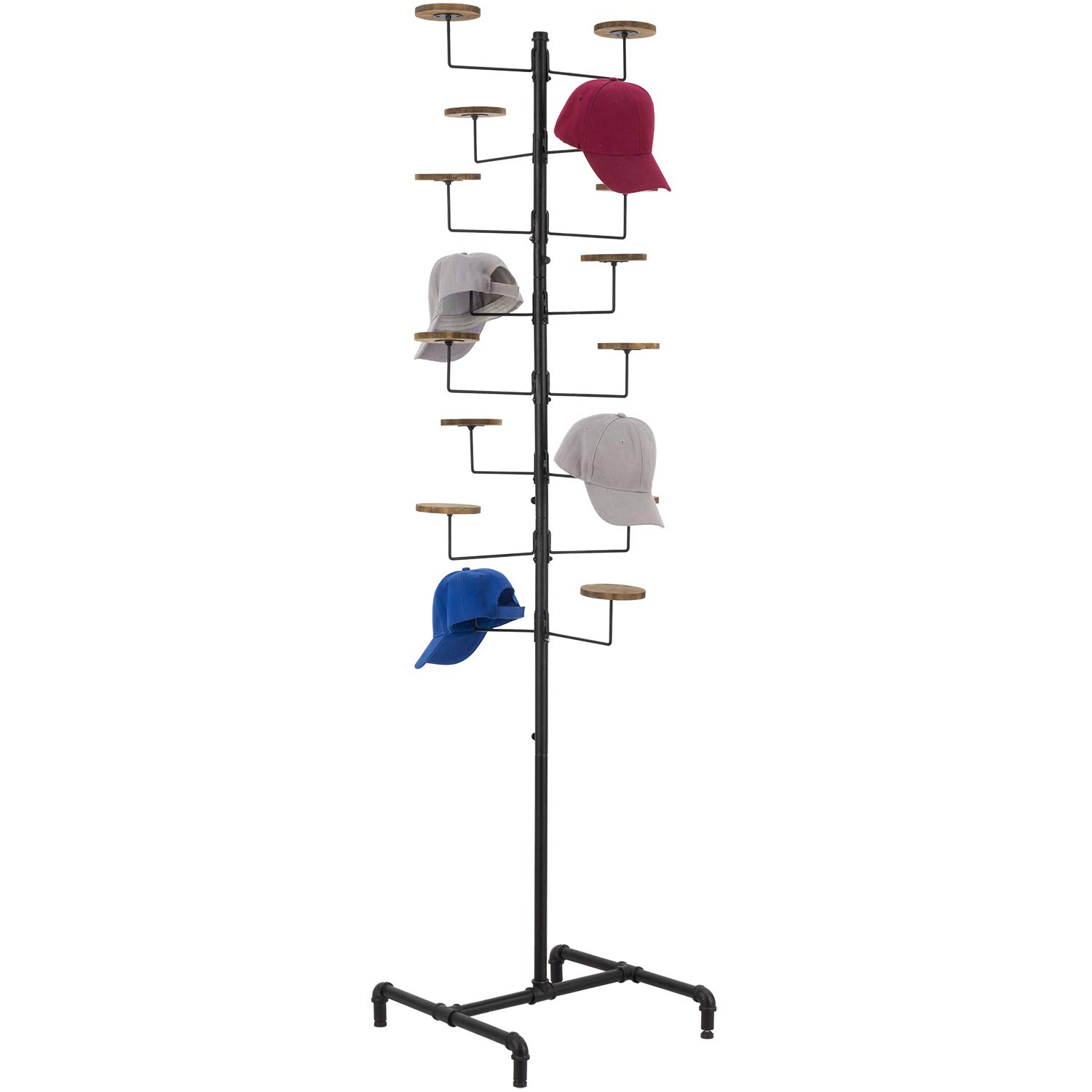 MyGift 16-Hook Industrial Black Metal Pipe Hat Display Rack - Freestanding Customizable Retail Hats & Wigs Stand with Rustic Wood Holders - Perfect for Boutiques, Clothing Stores & Home Decor
