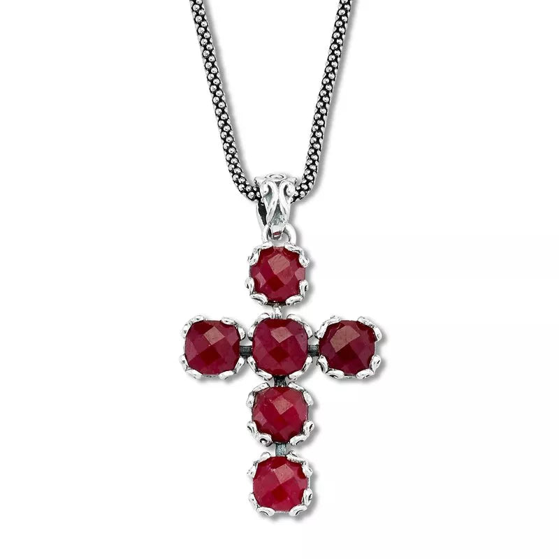 Glow Cross Pendant Necklace with Genuine Ruby Gemstone - Elegant Religious Jewelry for Women, Perfect for Church, Weddings & Special Occasions
