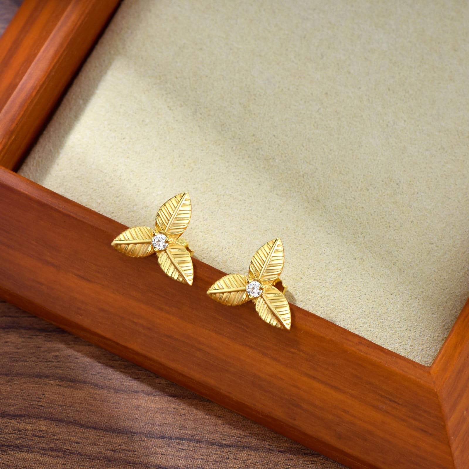 Moissanite Leaf Stud Earrings for Women - 925 Sterling Silver Gold Plated Three Leaf Earring Set with Genuine Moissanite | Perfect for Everyday Wear, Gift Giving & Special Occasions