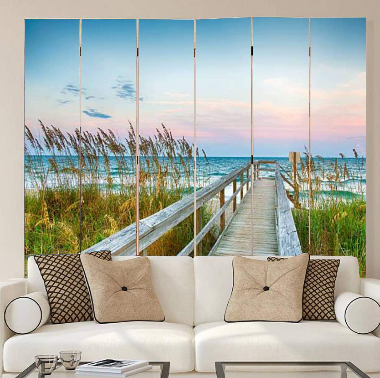 Wooden Screen Room Divider - Beach Boardwalk Design Folding Privacy Partition with Dual-Sided Canvas Panels (6 Panels) - Perfect for Home Office, Bedroom Separation & Indoor Display Shelves