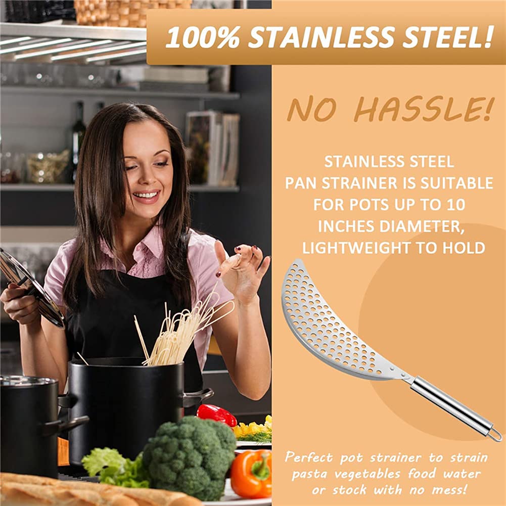 2-Pack Stainless Steel Crescent Pot Strainer with Handle - Pasta & Grease Drainer Insert for Various Pots & Pans - Perfect for Kitchen Cooking, Draining Pasta, and Frying Foods