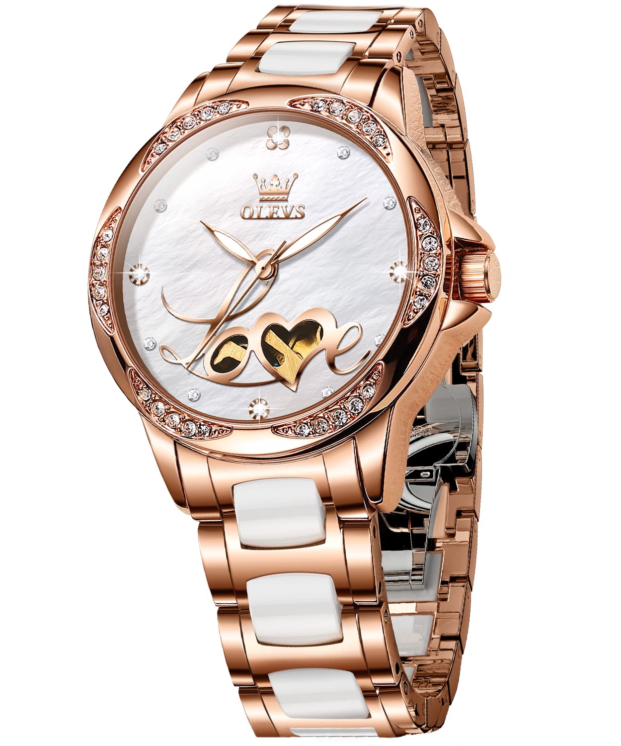 OLEVS Women's Automatic Diamond Watch - Rose Gold & Ceramic Two-Tone Self-Winding Dress Watch with Heart Date Window | Perfect for Business, Party & Everyday Wear