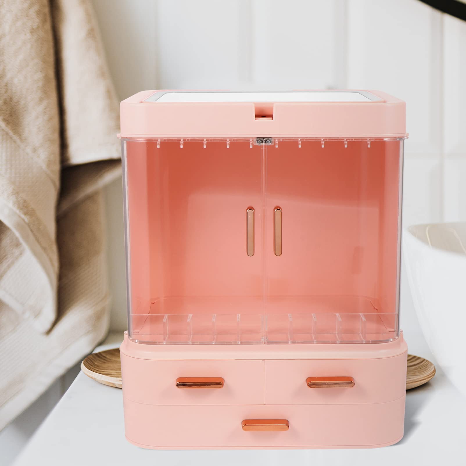 LED Makeup Storage Box with Mirror - Portable Cosmetic Organizer for Vanity, Travel & Home Use | Desktop Beauty Case with Adjustable Compartments | Perfect for Makeup Brushes, Lipsticks & Skincare Products