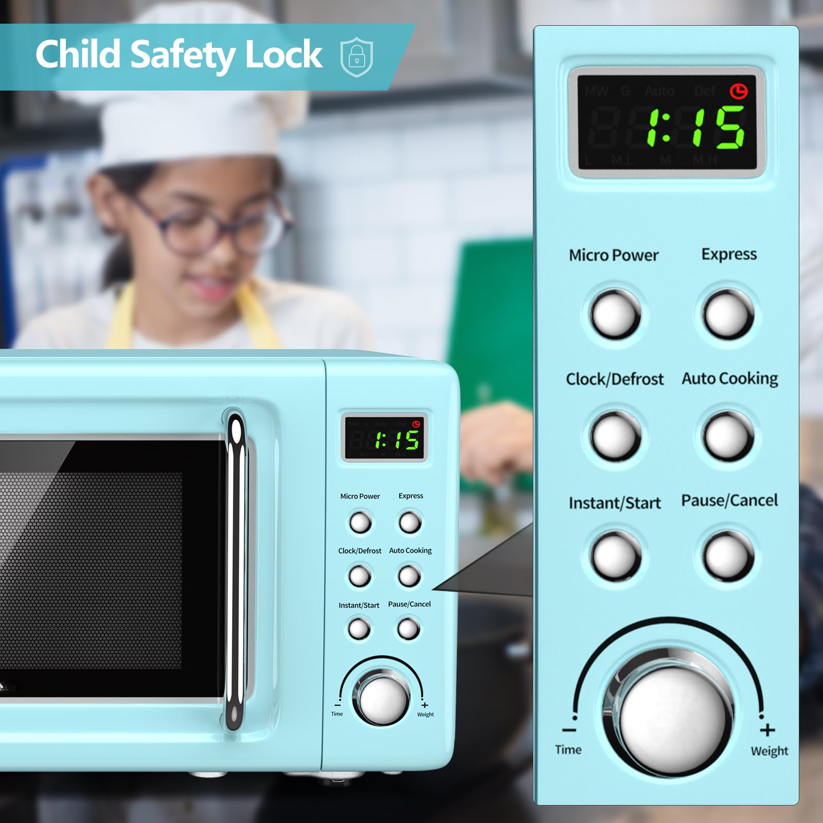 Retro Green Microwave Oven 0.7 Cu.ft 700W - Compact Countertop Microwave with 5 Power Levels, Delay Start, LED Display & Child Safety Lock - Perfect for Small Kitchens, Dorms & Office Break Rooms