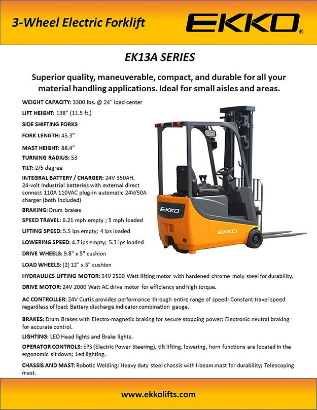 Ekko EK13A 3-Wheel Electric Forklift - 138