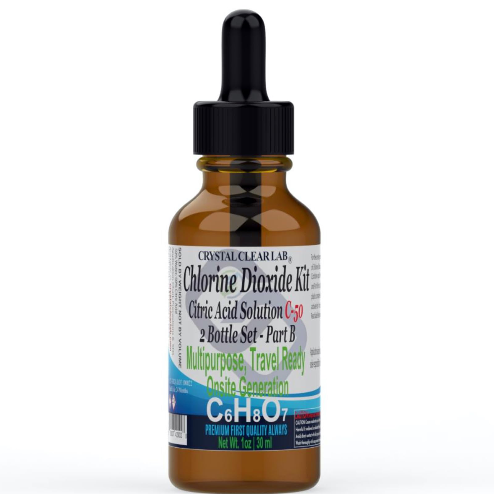 Crystal Clear Chlorine Dioxide ClO2-Kit with Citric Acid Solution & EZ-Drop Bottles - 1 Oz (2 Bottles) | Water Purification, Disinfection & Odor Removal for Camping, Emergency Preparedness & Home Use