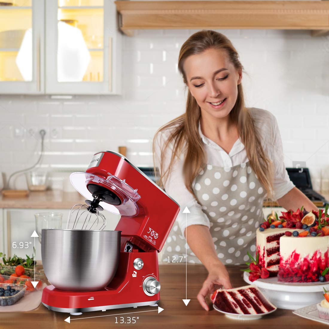 CUSIMAX 5-QT Stand Mixer with Stainless Steel Bowl - Tilt-Head Electric Kitchen Mixer with Dough Hook, Beater & Whisk - Splash Guard - Red - Perfect for Baking Cakes, Cookies & Bread Dough