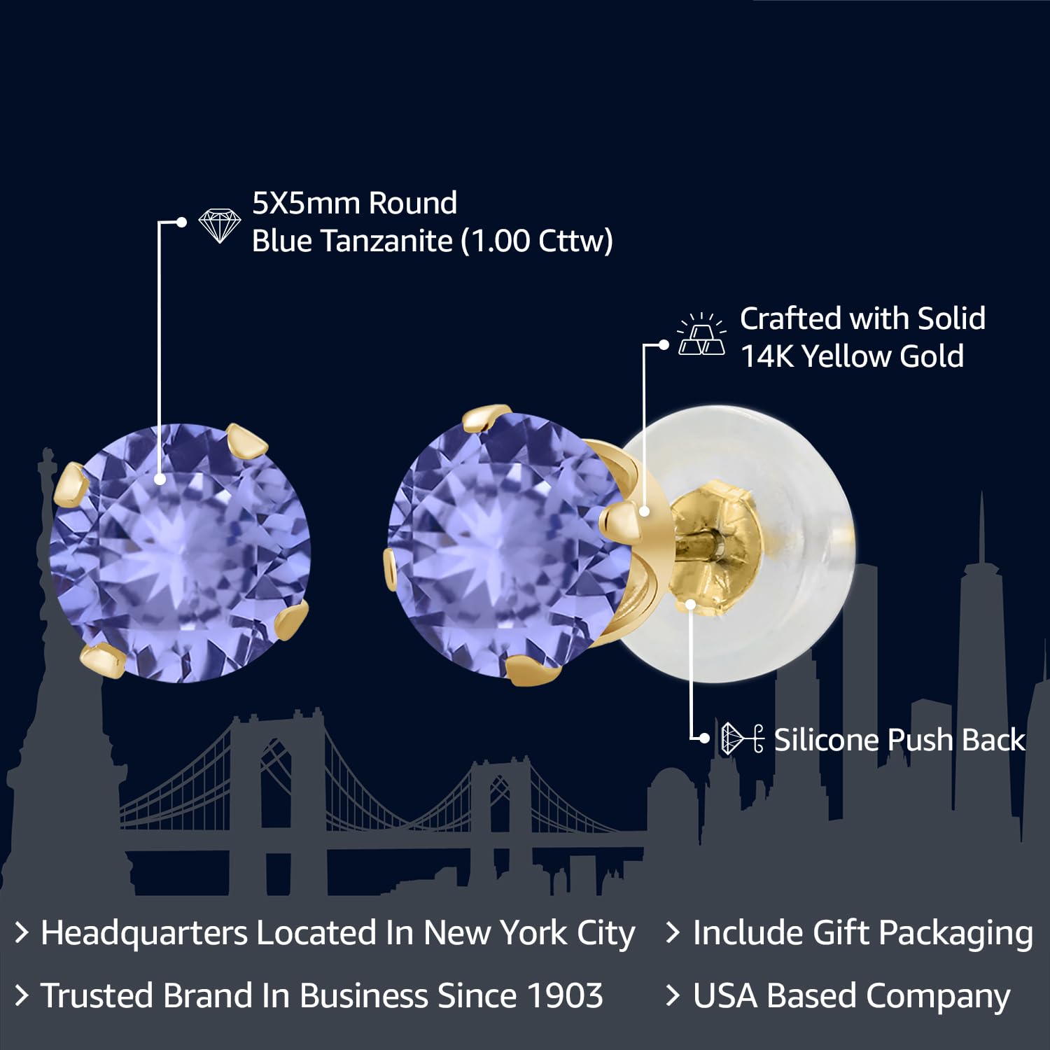 14K Yellow Gold Tanzanite Stud Earrings for Women & Men | 1.00 CTTW Round Cut Gemstone Birthstone Jewelry | 5MM Fine Gold Earrings for Her, Wife, Mom | Perfect Gift for Anniversary, Birthday & Special Occasions