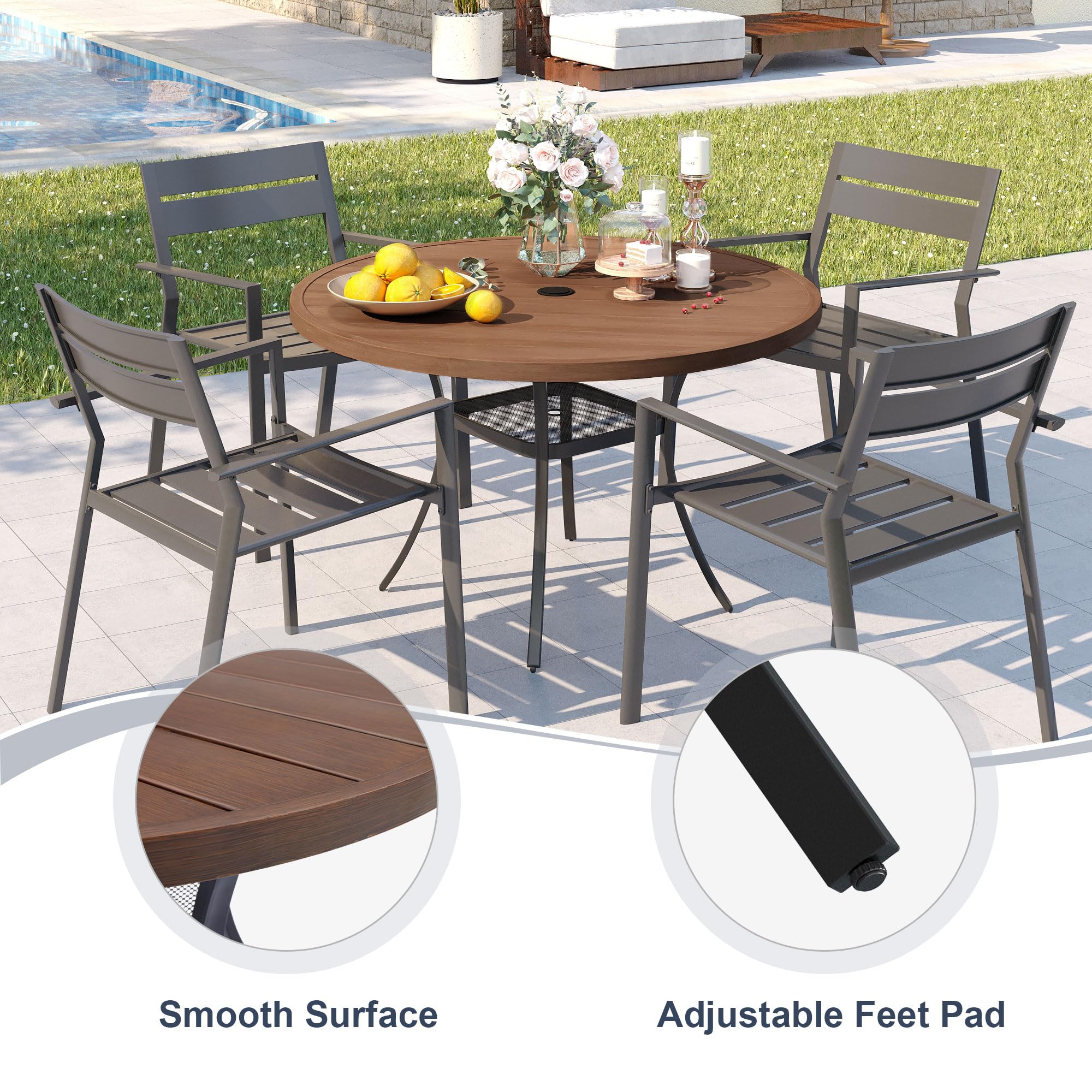 VICLLAX 40.6 Inch Round Metal Outdoor Dining Table for 4 People - Patio Table with Umbrella Hole & Storage Shelf - Weather-Resistant Garden, Lawn, Deck Furniture (Walnut Finish) - Perfect for Backyard BBQs, Poolside Dining, and Outdoor Entertaining