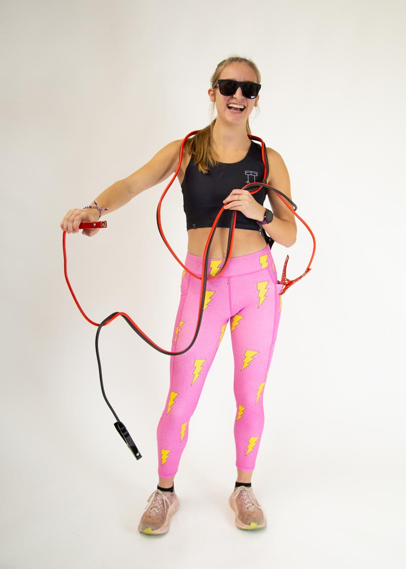 Women's High Waisted Pink Bolts Print Yoga Leggings - Soft Stretchy Workout Pants for Running, Gym & Lounge Wear