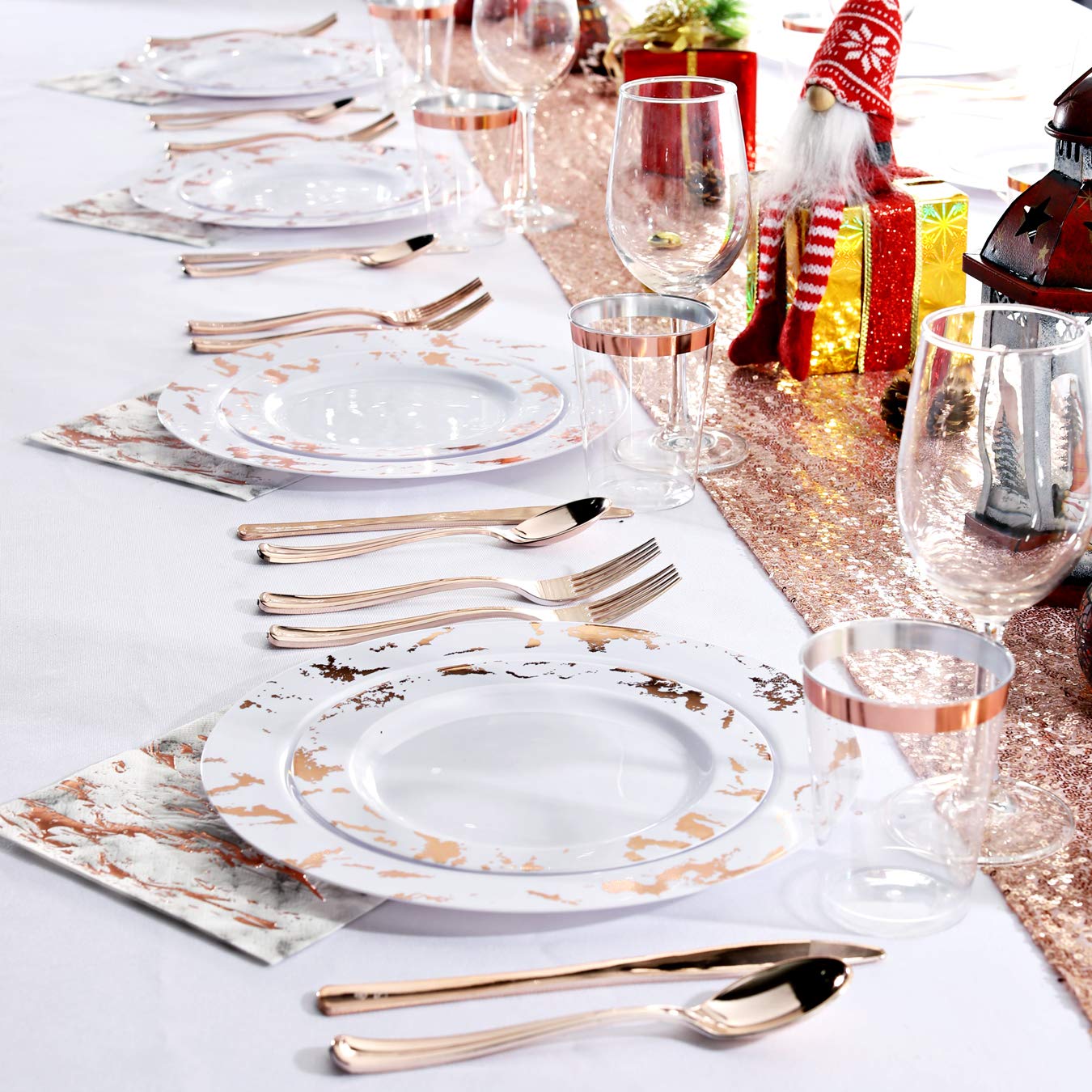 175-Piece Rose Gold Plastic Dinnerware Set - Disposable Marble Plates, Cutlery & Cups for Wedding, Party & Events (25 Dinner Plates, 25 Dessert Plates, 25 Forks, 25 Knives, 25 Spoons, 25 Cups, 25 Napkins) - Elegant Table Setting for Bridal Showers, Baby Showers & Special Occasions