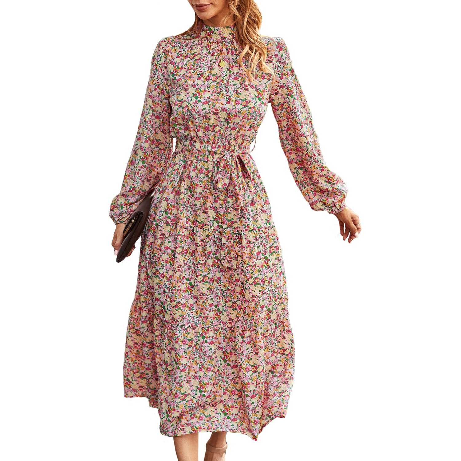 BROVAVE Women's Vintage Floral Print Maxi Dress with Long Sleeves & Belt - Elegant Mock Neck Shirt Dress for Casual Outings, Date Nights & Spring/Summer Fashion