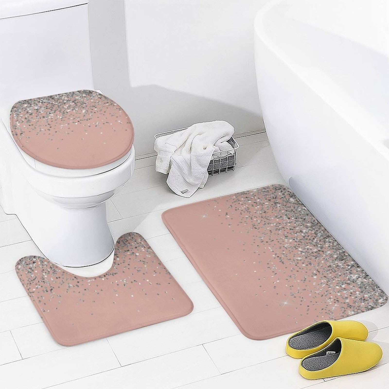 Rose Gold Glitter Shower Curtain Set - 4 Piece Bathroom Decor with Non-Slip Rug & Toilet Cover | Elegant Blush Pink & Silver Design for Girls' Bathroom | Perfect for Modern, Glamorous & Girly Home Decor