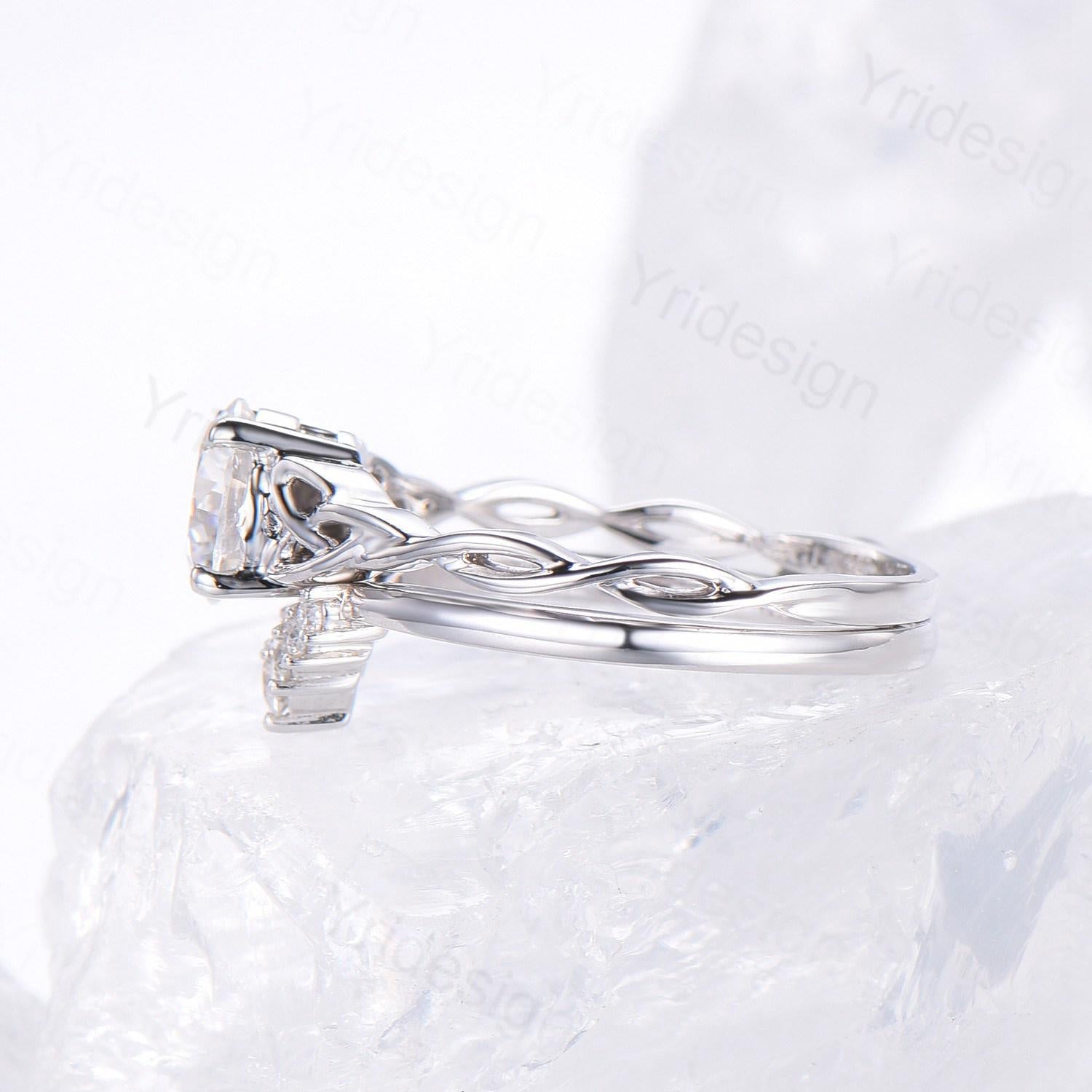 Celtic Love Moissanite Bridal Ring Set - 14K White Gold Elegant Twisted Norse Viking Wedding Band - Lab Grown Diamond Engagement Ring for Women - Handmade Jewelry Gift for Anniversary, Proposal & Special Occasions