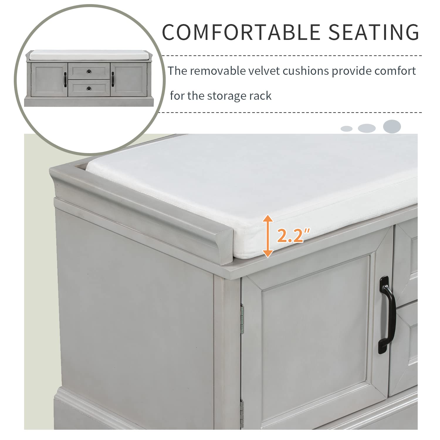 Rustic Wood Storage Bench with 2 Cabinets & 2 Drawers - Entryway Shoe Bench with Removable Cushion for Bedroom, Hallway, Living Room - Easy Assembly Required | Perfect for Organizing Shoes, Hats & Home Decor in Small Spaces