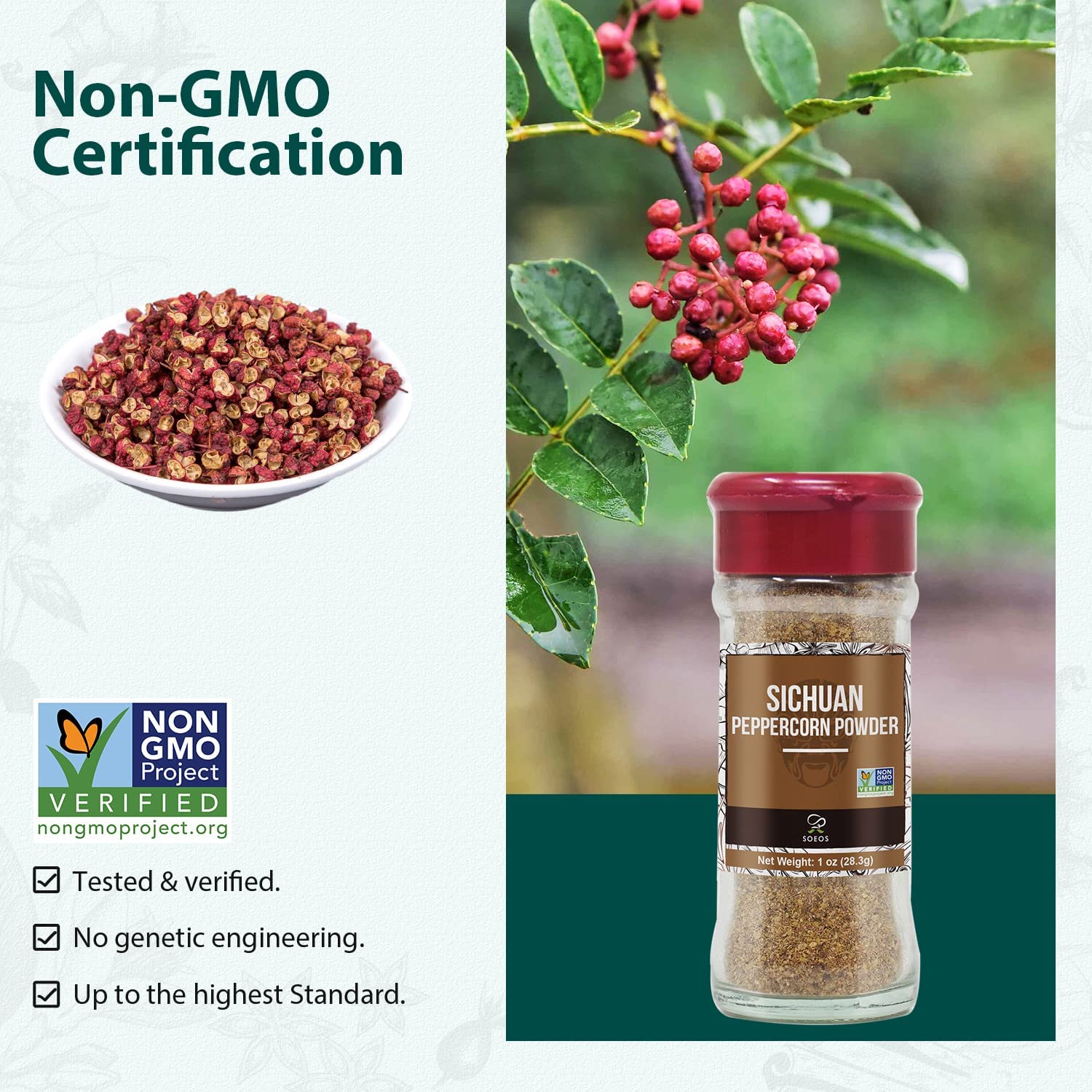Soeos Premium Sichuan Peppercorn Powder 1oz (28.3g) - Non-GMO Verified Szechuan Peppercorn Spice - Ground Green Sichuan Peppercorns for Authentic Chinese Cooking - Perfect for Mapo Tofu, Hot Pot, Stir-Fry & Asian Dishes