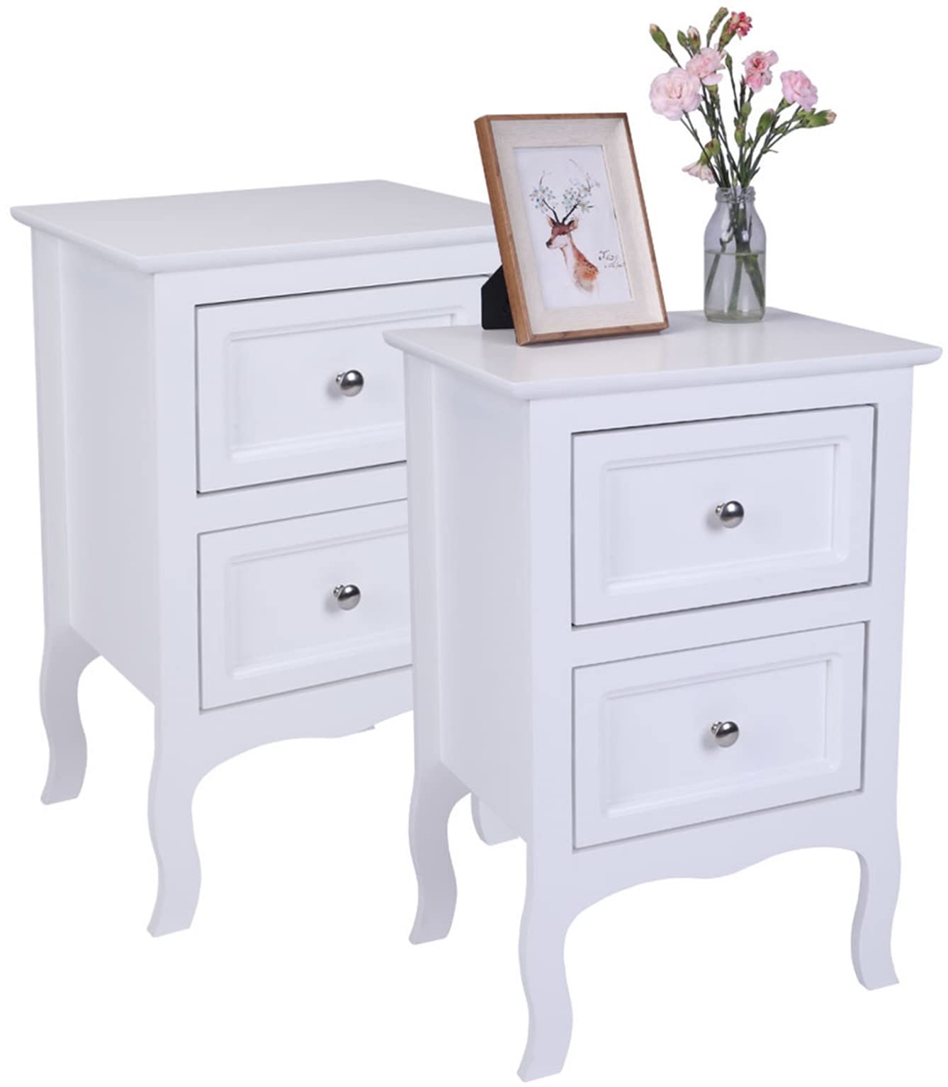 2-Piece White Nightstand Set with 2 Drawers - Farmhouse Bedside Table with Storage, Small End Table for Bedroom, Living Room & Office - Perfect as Sofa Side Table or Coffee Accent Table for Compact Spaces