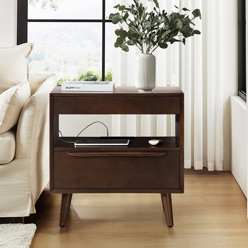 Mid Century Modern Nightstand with 2 Drawers & Built-In Outlets - Giralda Bedside Table for Bedroom, Living Room & Office (Optional Types)