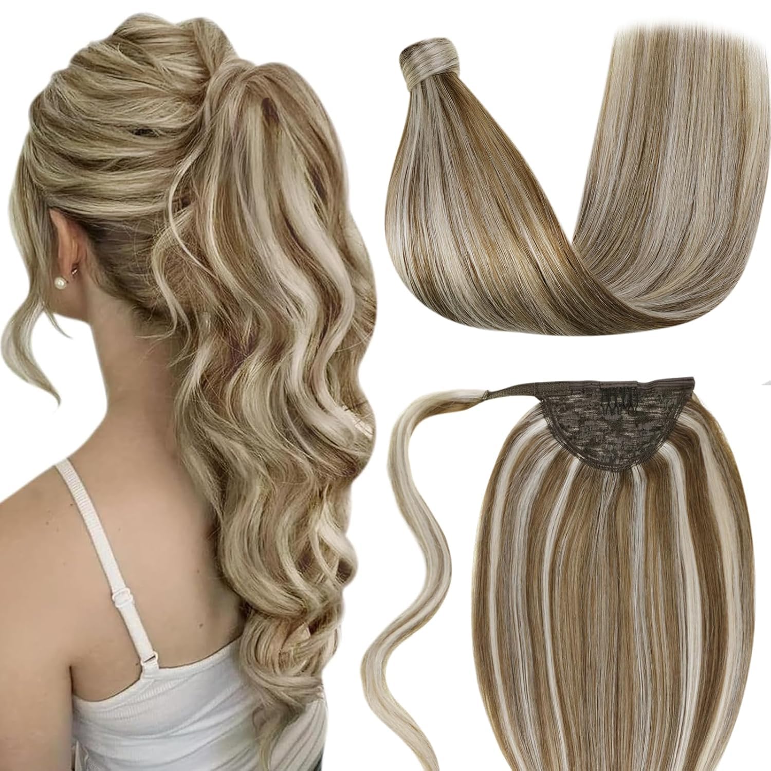 LaaVoo 20 Inch Clip-in Ponytail Hair Extensions - 80g Real Human Hair with Golden Brown & Light Blonde Highlights | Wrap Around Ponytail for Daily Wear, Parties & Special Occasions