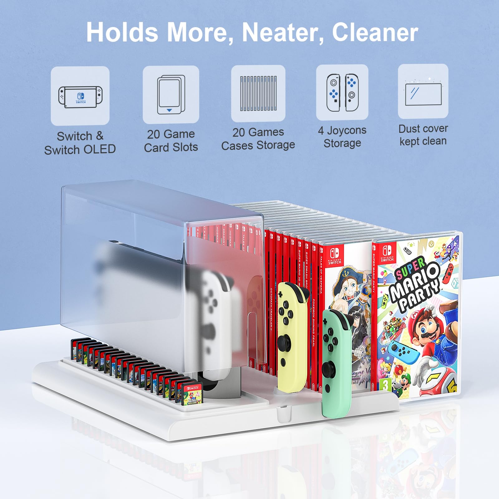 Nintendo Switch & OLED Stand with Controller & Headphone Holder - Switch Game Storage Organizer with Dust Cover for TV Dock - Perfect Gaming Accessories Gift for Gamers - Ideal for Bedroom, Living Room & Game Room Setup