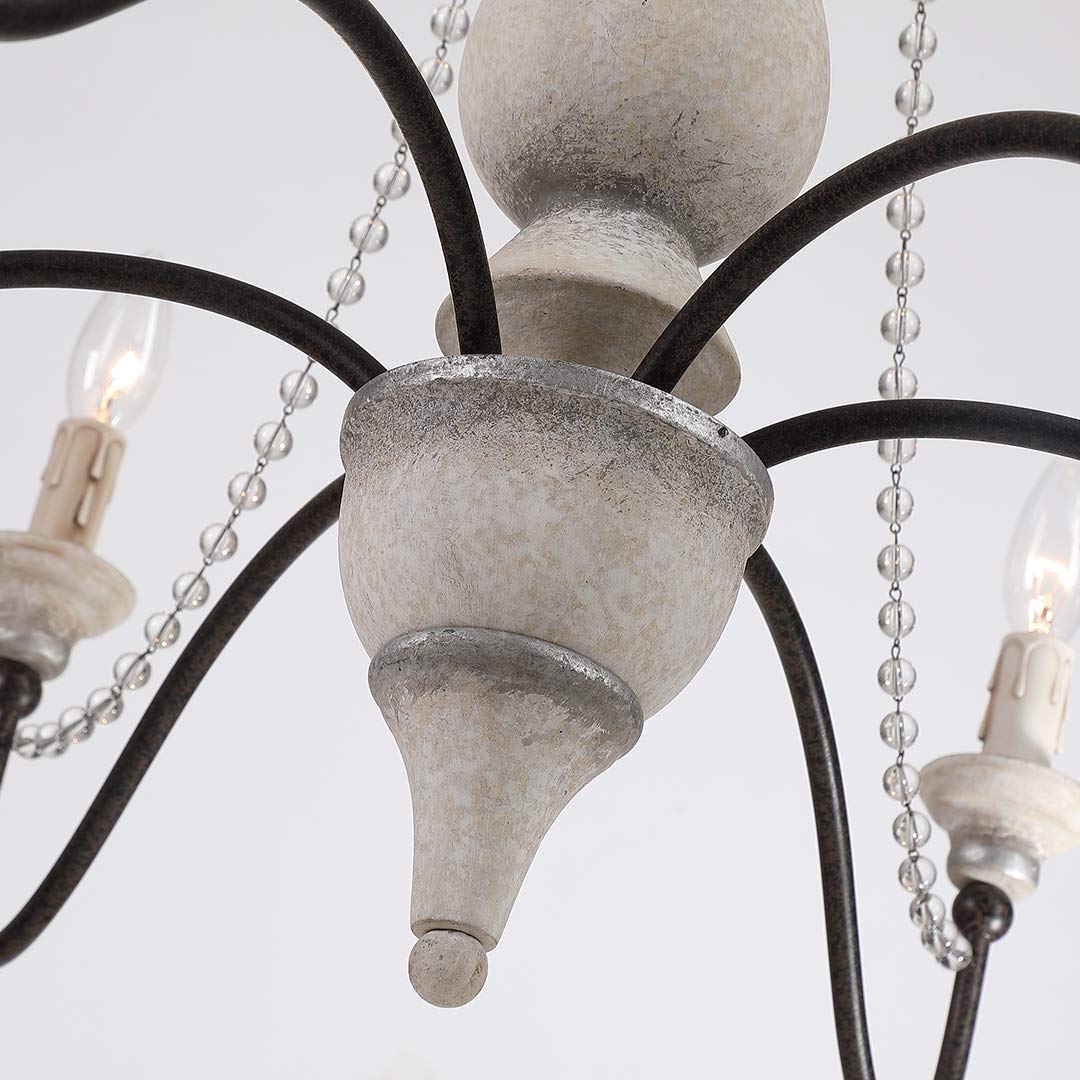 6-Light Classic Countryside Wood-Like Metal Crystal Chandelier - French Country Rustic Farmhouse Style - 29.5