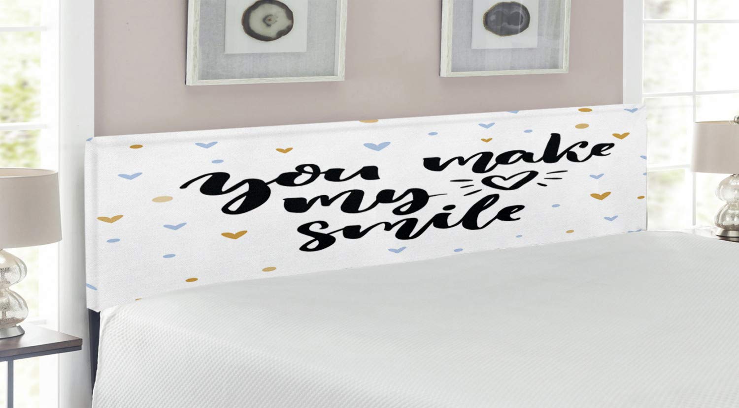 Ambesonne Upholstered King Size Headboard with Memory Foam - 'You Make My Heart Smile' Love Lettering Design in Black & Blue | Decorative Metal Bed Frame for Romantic Bedroom Decor | Perfect for Master Bedrooms, Guest Rooms & Cozy Home Styling