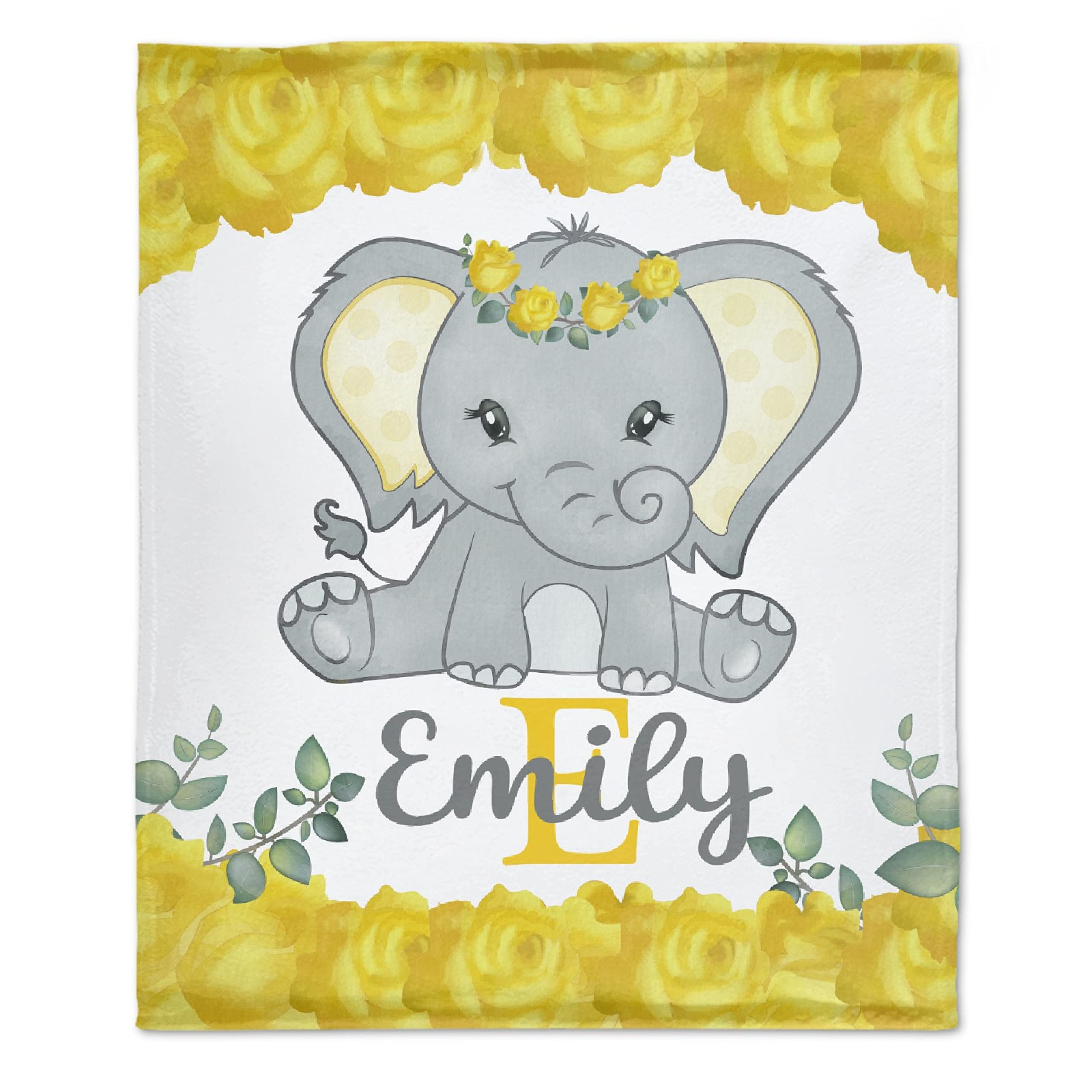 Personalized Elephant Baby Blanket with Name - Ultra Soft Flannel Blanket for Boys & Girls - Yellow Flower Design - Lightweight Warm Gift for Newborn, Toddler - Perfect for Nursery, Crib, Stroller, Bedroom, Couch & Travel - Custom Kids Blanket for Birthday, Baby Shower & Family Gifts