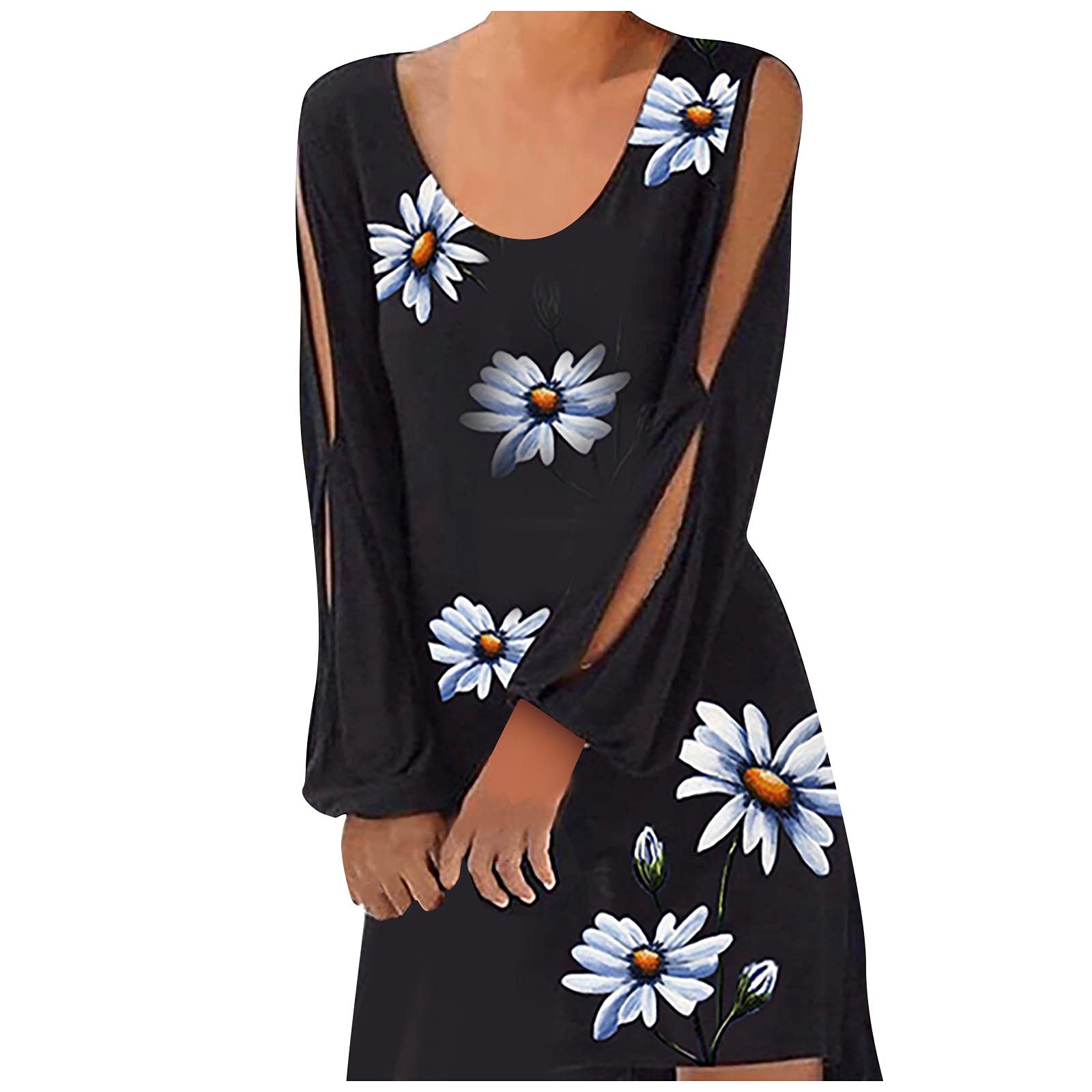 Women's Floral Print Summer Dress - Casual Round Neck Long Sleeve Openwork Dress for Beach, Vacation & Outdoor Activities