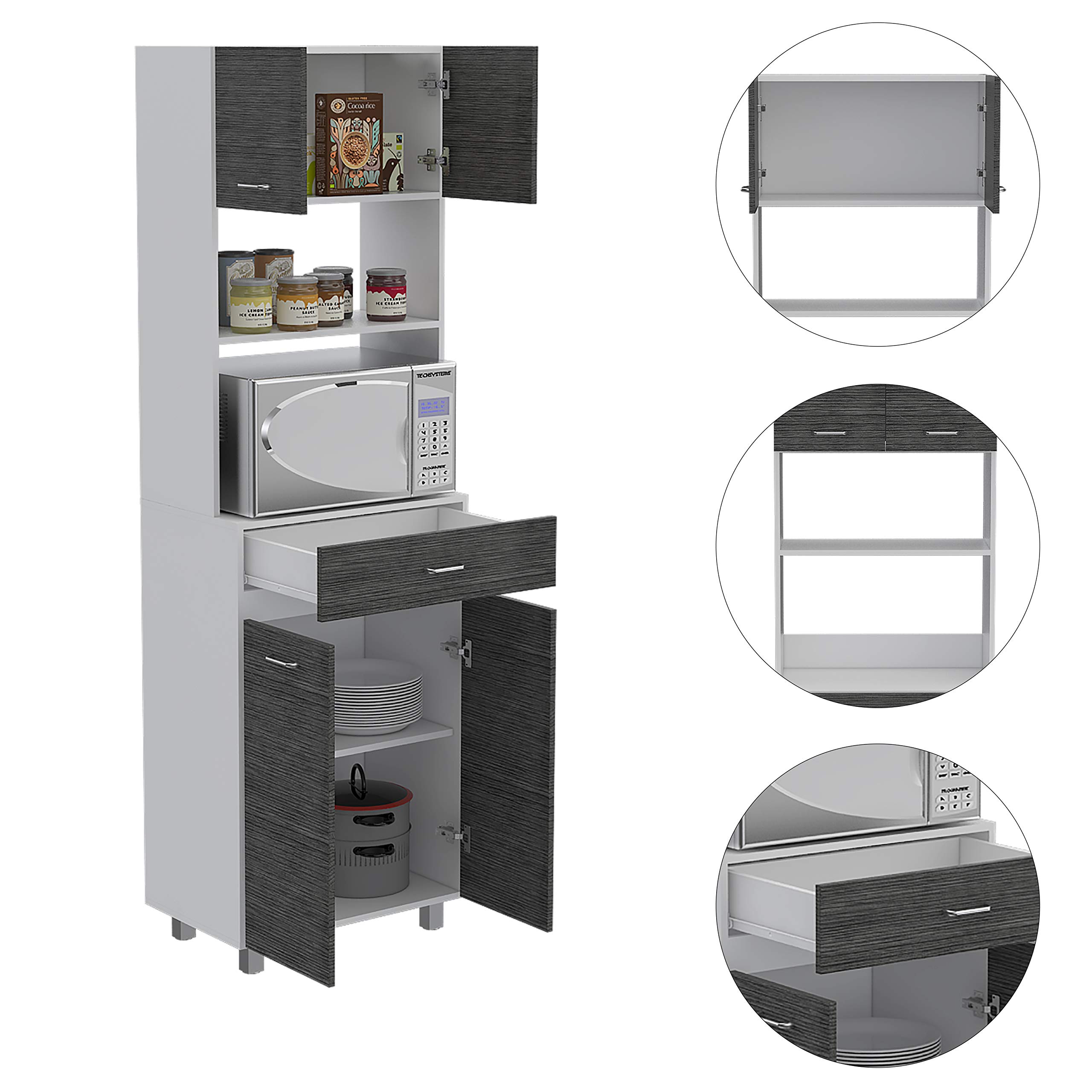 Microwave Cabinet with Drawer - 2 Double Doors & 4 Adjustable Shelves - Smokey Oak/White Finish - Perfect for Kitchen Storage & Organization