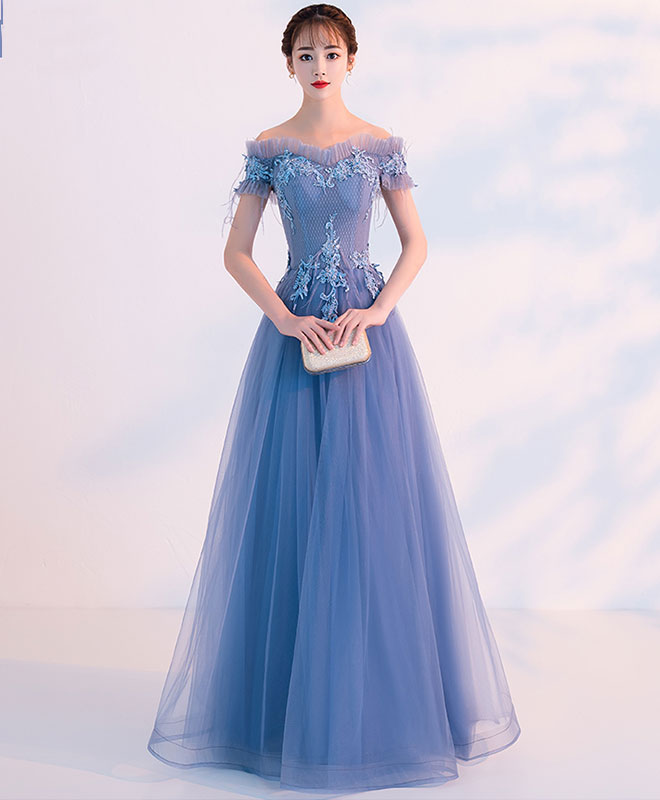 Elegant Blue Tulle Lace Long Prom Dress for Women - Formal Evening Gown for Homecoming, Ball, Wedding & Special Occasions