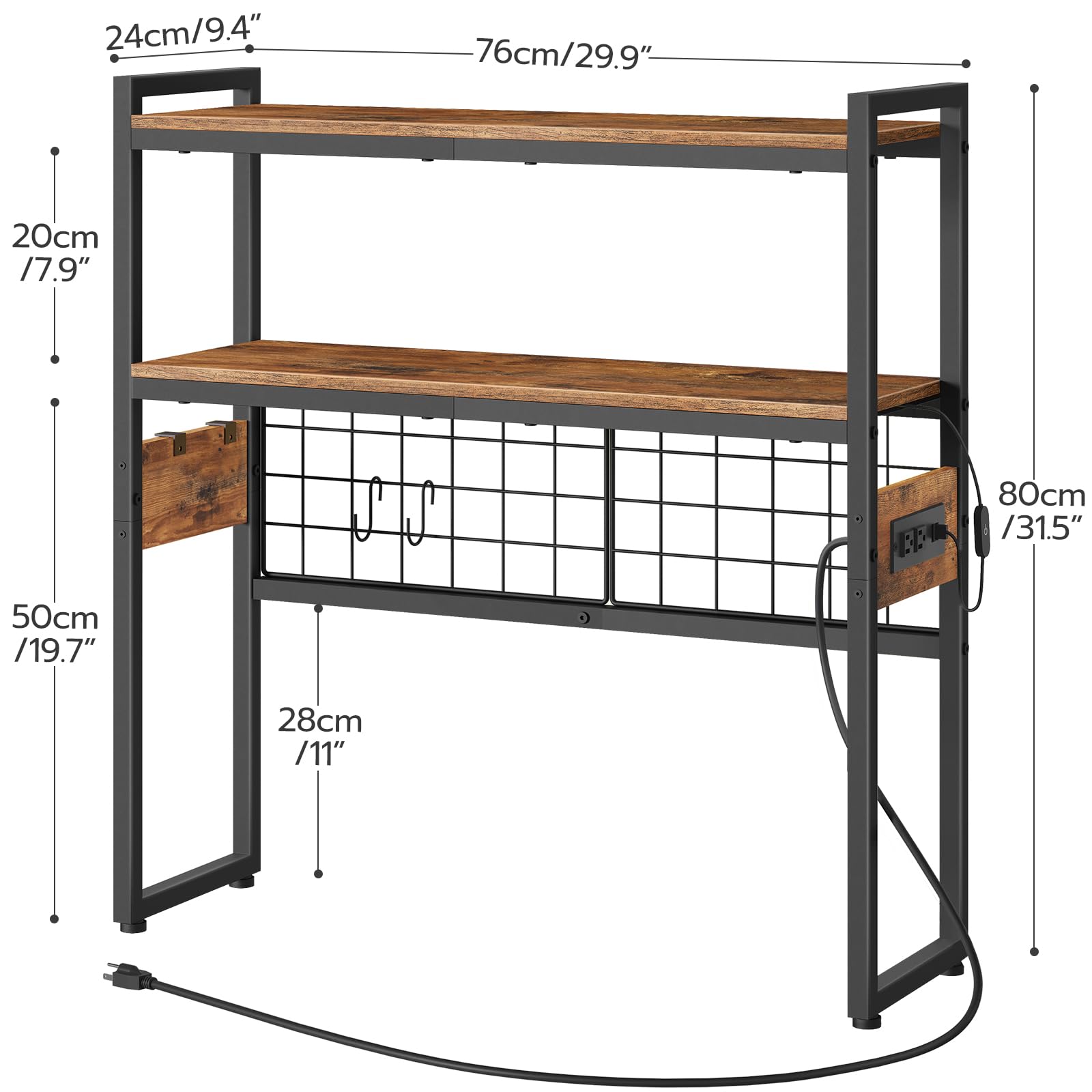 HOOBRO 2-Tier Wooden Desktop Bookcase with LED Light Strip & Power Outlets - 29.9