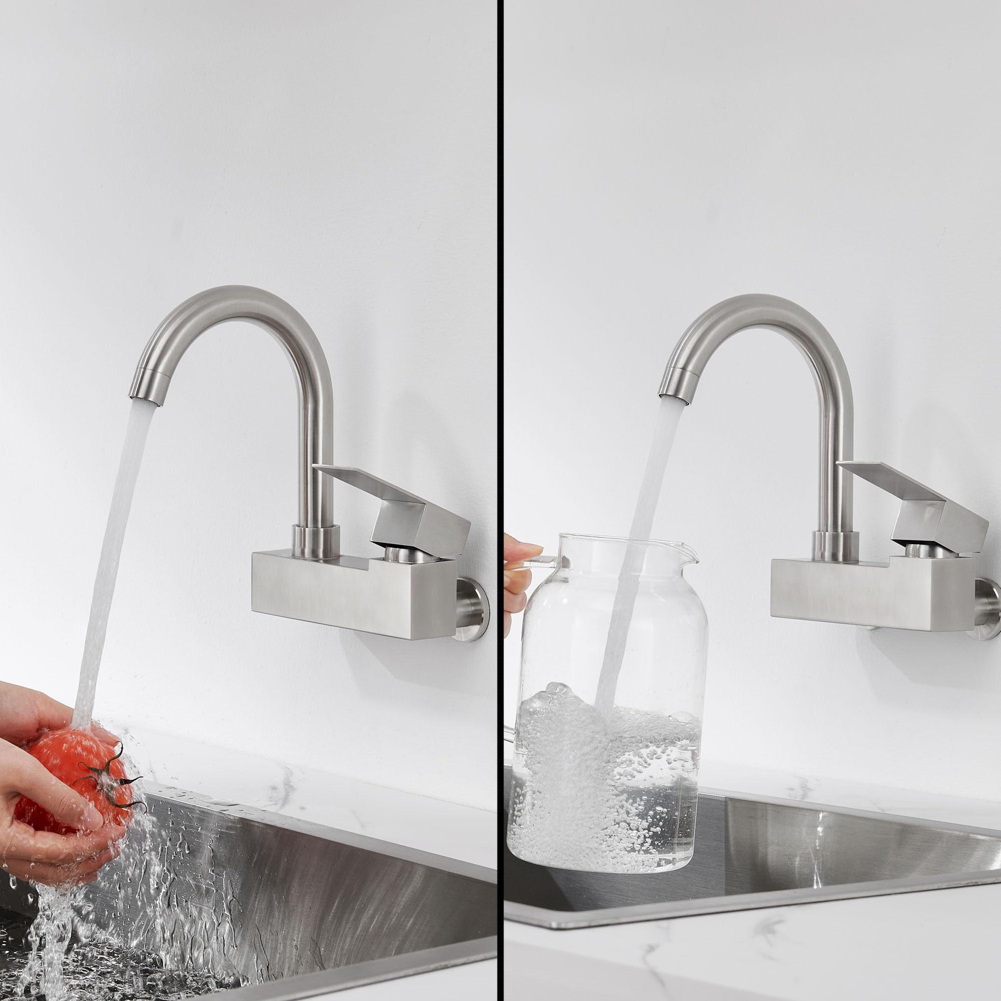 4 Inch Commercial Sink Faucet - Single Handle Wall Mount Kitchen Faucet, Brushed Nickel Mixer Tap for Laundry & Utility Sink, Lead-Free, Durable for Restaurant, Bar & Home Use