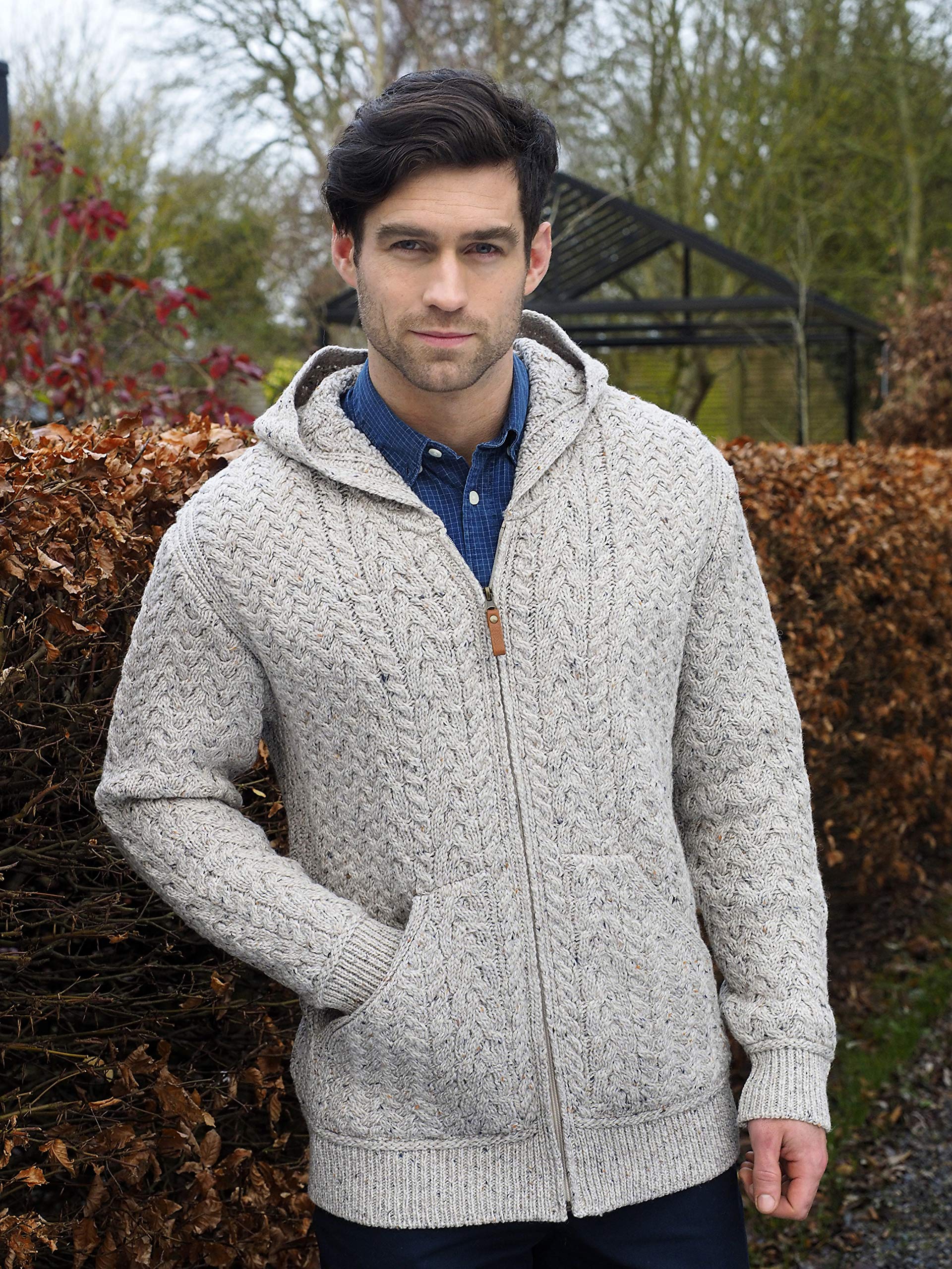 Aran Crafts Men's Irish Cable Knit Zip-Up Hooded Cardigan - 100% Merino Wool Sweater for Winter Warmth | Perfect for Casual Outfits, Outdoor Activities & Cozy Lounging