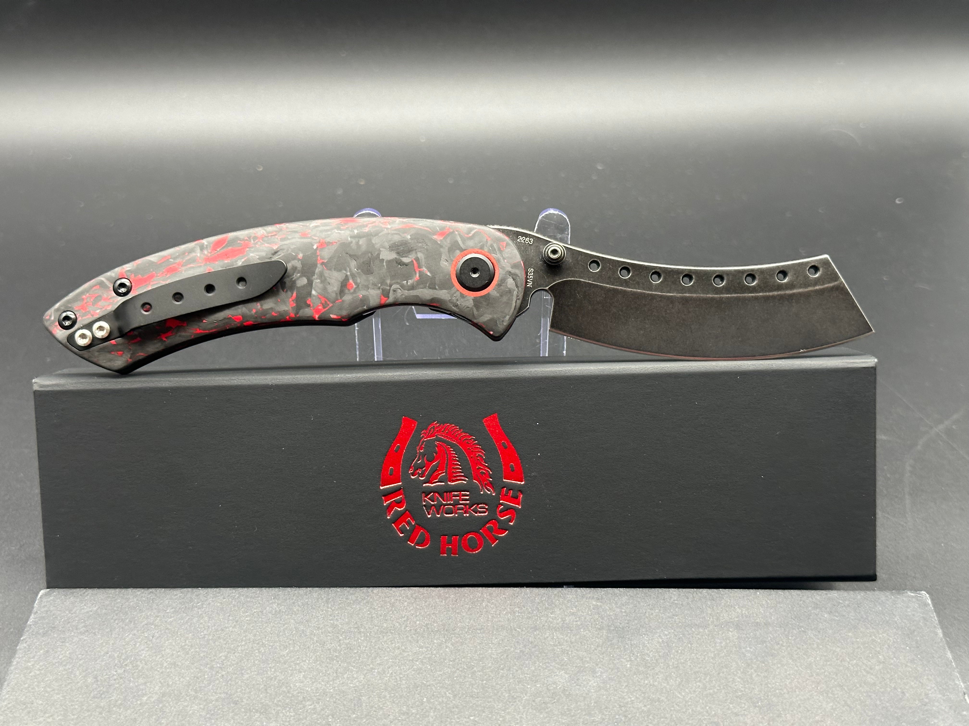 Premium Red Horse Hell Razor P Series Folding Knife - Black/Red Marbled Carbon Fiber Handle & Black Stonewash Blade - Ideal for Outdoor Camping, Hunting, and EDC Survival Gear