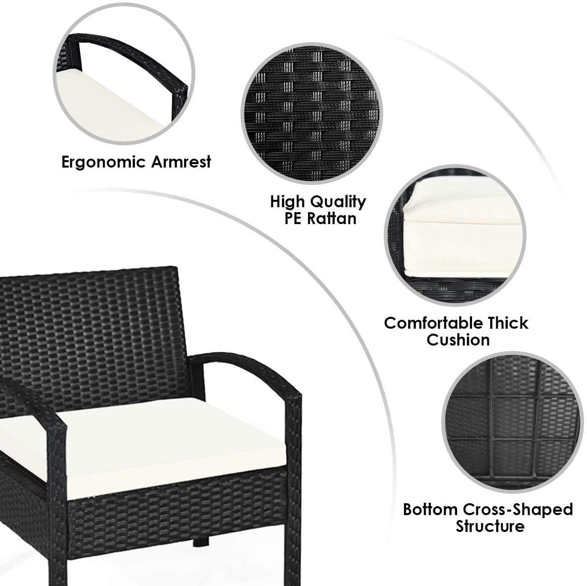 3-Piece Outdoor Patio Furniture Set - Rattan Wicker Conversation Chairs with Beige Cushions & Tempered Glass Coffee Table - Perfect for Backyard, Porch, Poolside, Garden, and Lawn Relaxation