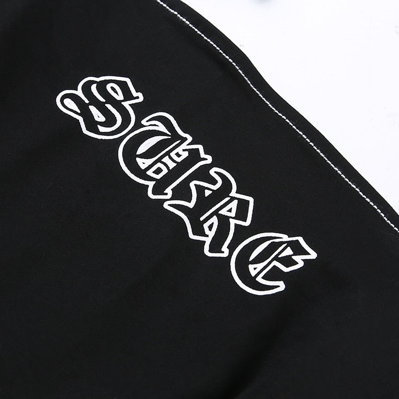 Gothic Black Strapless Crop Top for Women - Sexy Letter Print Streetwear with Metal Spaghetti Straps - Summer Fashion Tank Top | Perfect for Night Out, Concerts, and Gothic Style Outfits