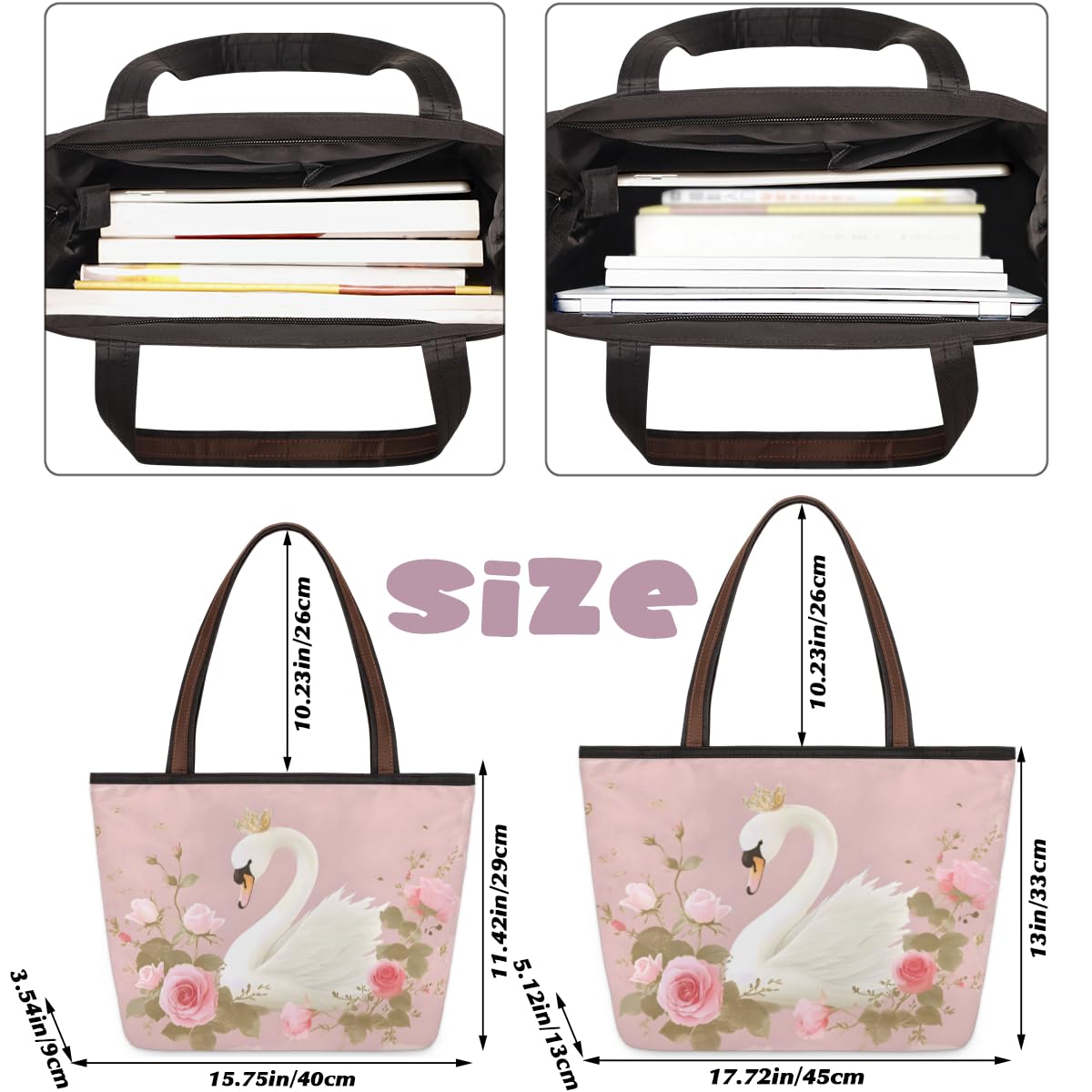 Elegant Swan Roses Floral Tote Bag for Women - Zippered Work & Travel Handbag - Perfect for Office, Commute, and Weekend Getaways