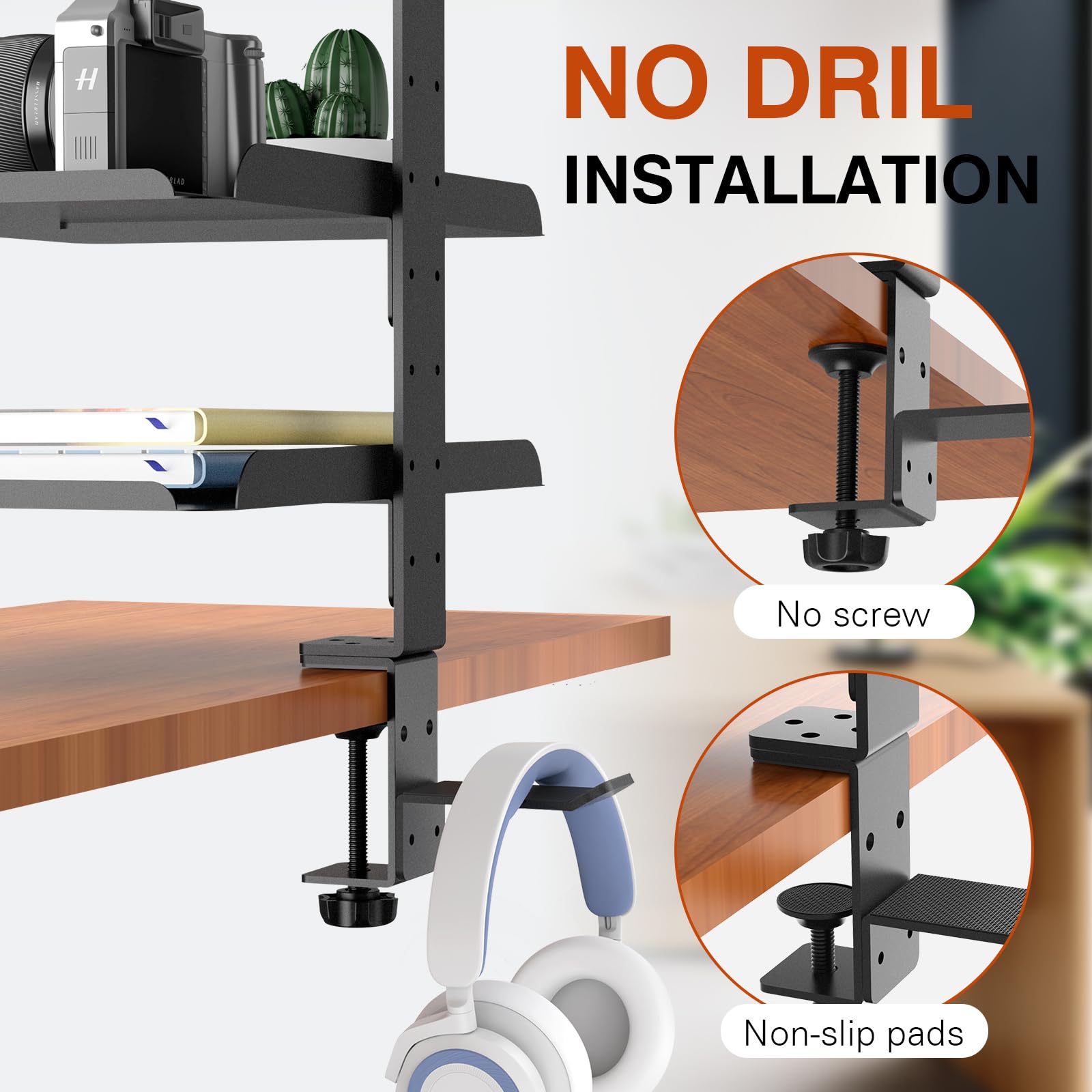 3-Tier Adjustable Metal Desk Organizer Shelf - Clamp-On Storage Tray & Headphone Stand for Office & Home (Black) | No Drilling Required | Perfect for Workspace Organization, Under Desk Storage & Gaming Setup Accessories
