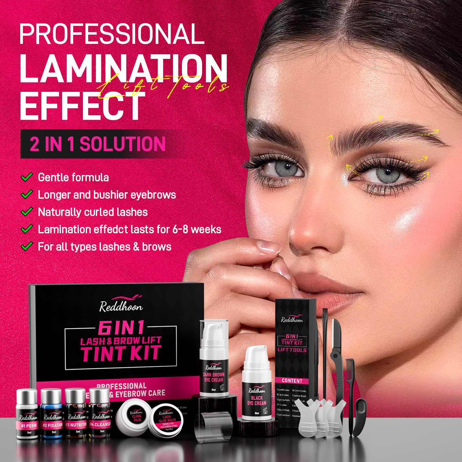6 in 1 Professional Lash Lift & Brow Lamination Kit - Double Black & Brown Tinting, Curling Perming for Voluminous Lashes & Brows - Complete Salon-Quality Tools for Home Use - Perfect Gift for Women & Beauty Lovers (Great for Weddings, Parties & Daily Makeup Routine)