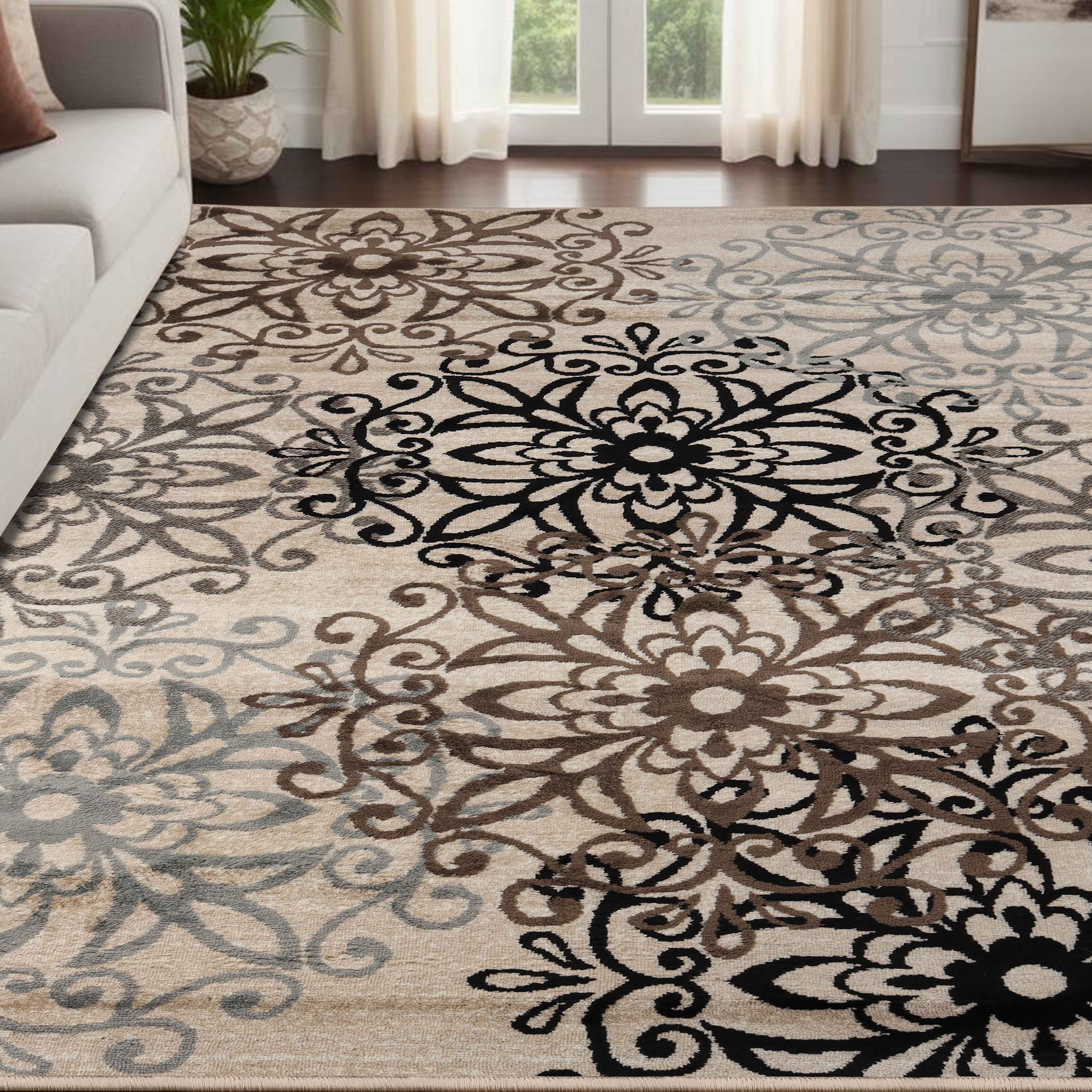 Leigh Traditional Floral Scroll Indoor Area Rugs & Runner Rugs - Non-Slip Soft Living Room Bedroom Decor Carpet