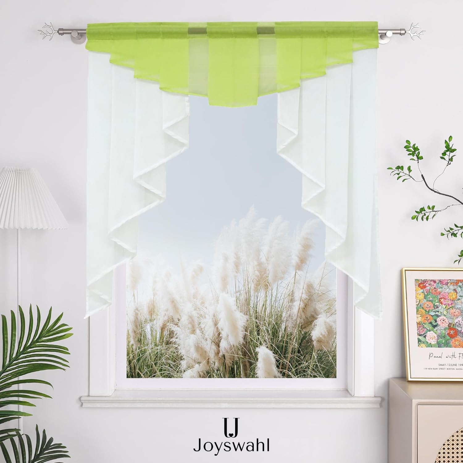 Elegant Green Window Valance Rod Pocket Sheer Voile Swag Curtain with Pleated Roman Shades - 1 Piece (31