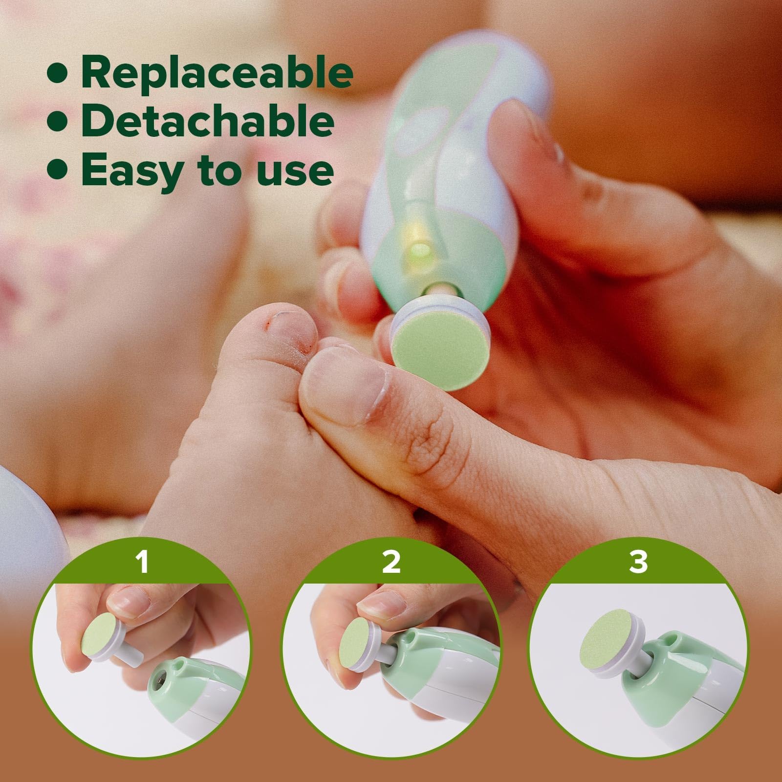 Haakaa Baby Nail Trimmer Electric File with Replacement Pads - Gentle & Safe for Newborns & Toddlers - Perfect for At-Home Baby Nail Care