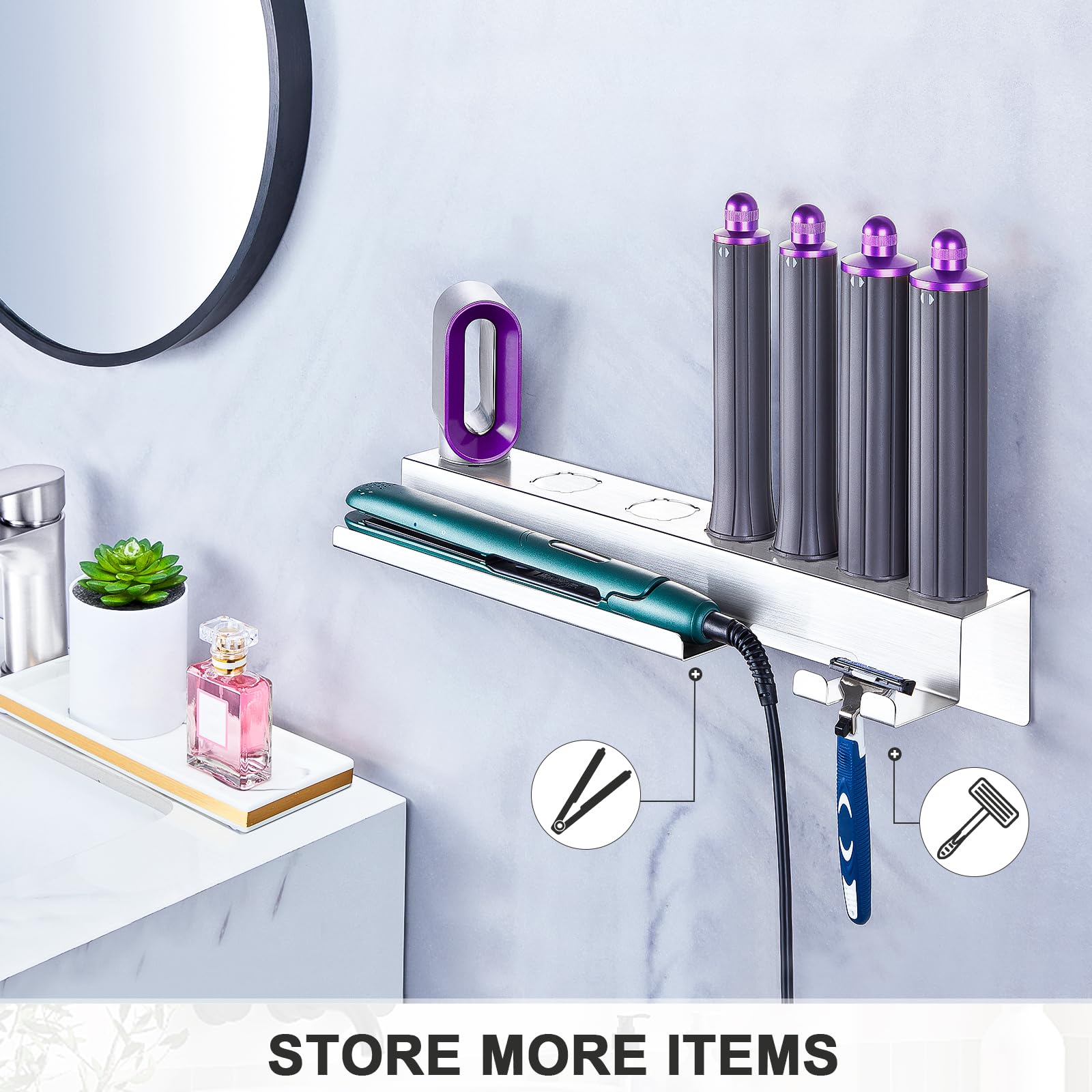 **Wall Mounted Hair Dryer Holder - 7-in-1 Styler & Curling Iron Organizer with Adhesive Backing - Bathroom Storage for Blow Dryers, Straighteners & Hair Tools (Perfect for Small Spaces & Clutter-Free Vanities)**