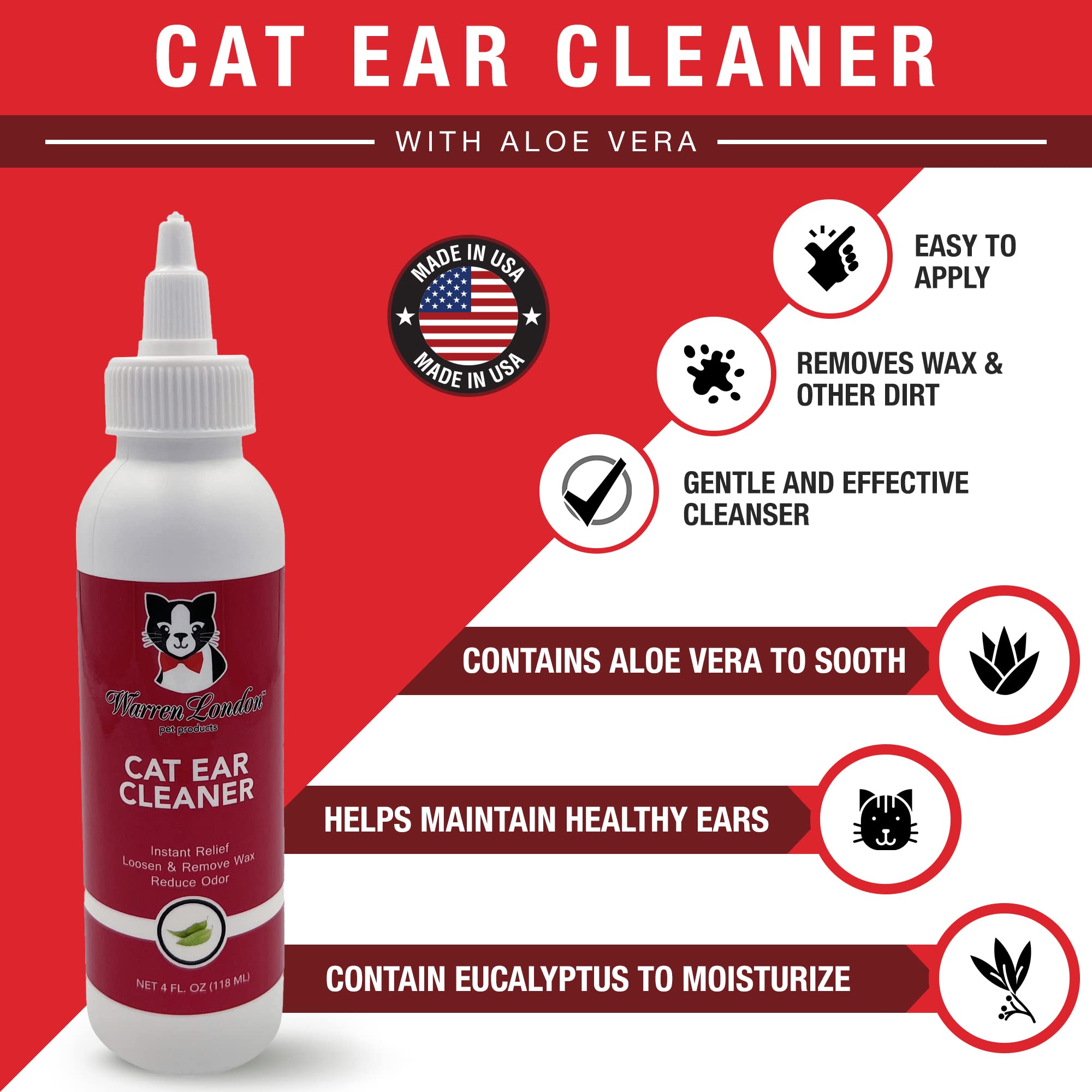 Warren London Cat Ear Cleaner with Aloe Vera - Gentle Ear Cleaning Solution for Cats & Kittens - Made in USA - Perfect for Routine Ear Care and Wax Removal at Home