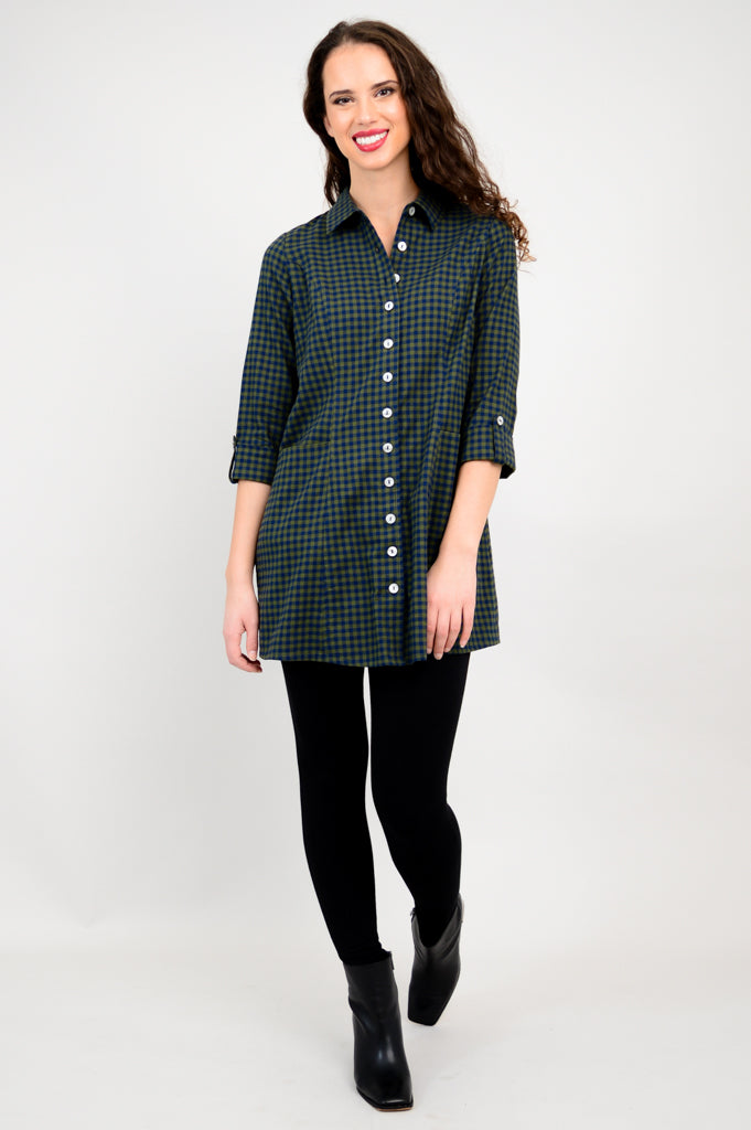 Larissa Tunic Top - Women's Cotton Flannel Shirt with Island Plaid Print - Casual Long Sleeve Button Down for Fall & Winter, Perfect for Office, Travel and Weekend Outings