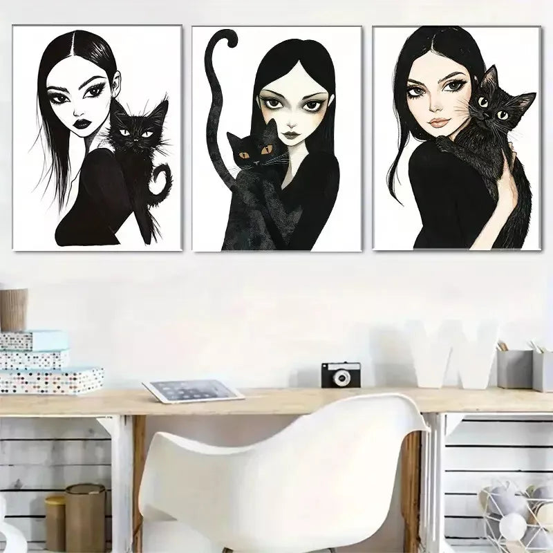 3-Piece Gothic Style Girl and Black Cat Triptych Wall Art Set - 40x60cm Framed Canvas Prints | High Quality Australian Made Wall Decor | Perfect for Living Room, Bedroom & Gothic Home Decor