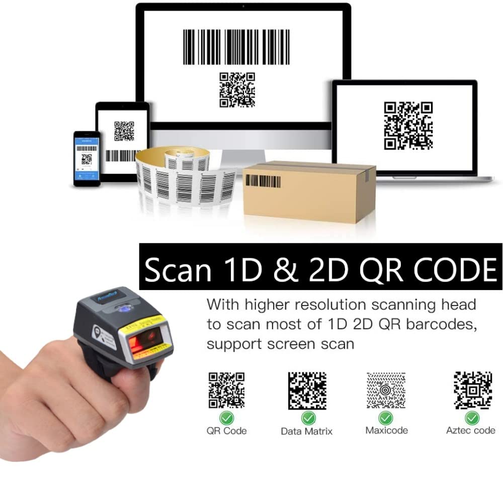 1D 2D Wireless Bluetooth Mini Ring Barcode Scanner - IP65 Waterproof, Compatible with Zebra SE4107, iOS & Android - Includes TPU+PC Case, 550mAh Replaceable Battery & Charger - Perfect for Retail, Warehouse & Inventory Management