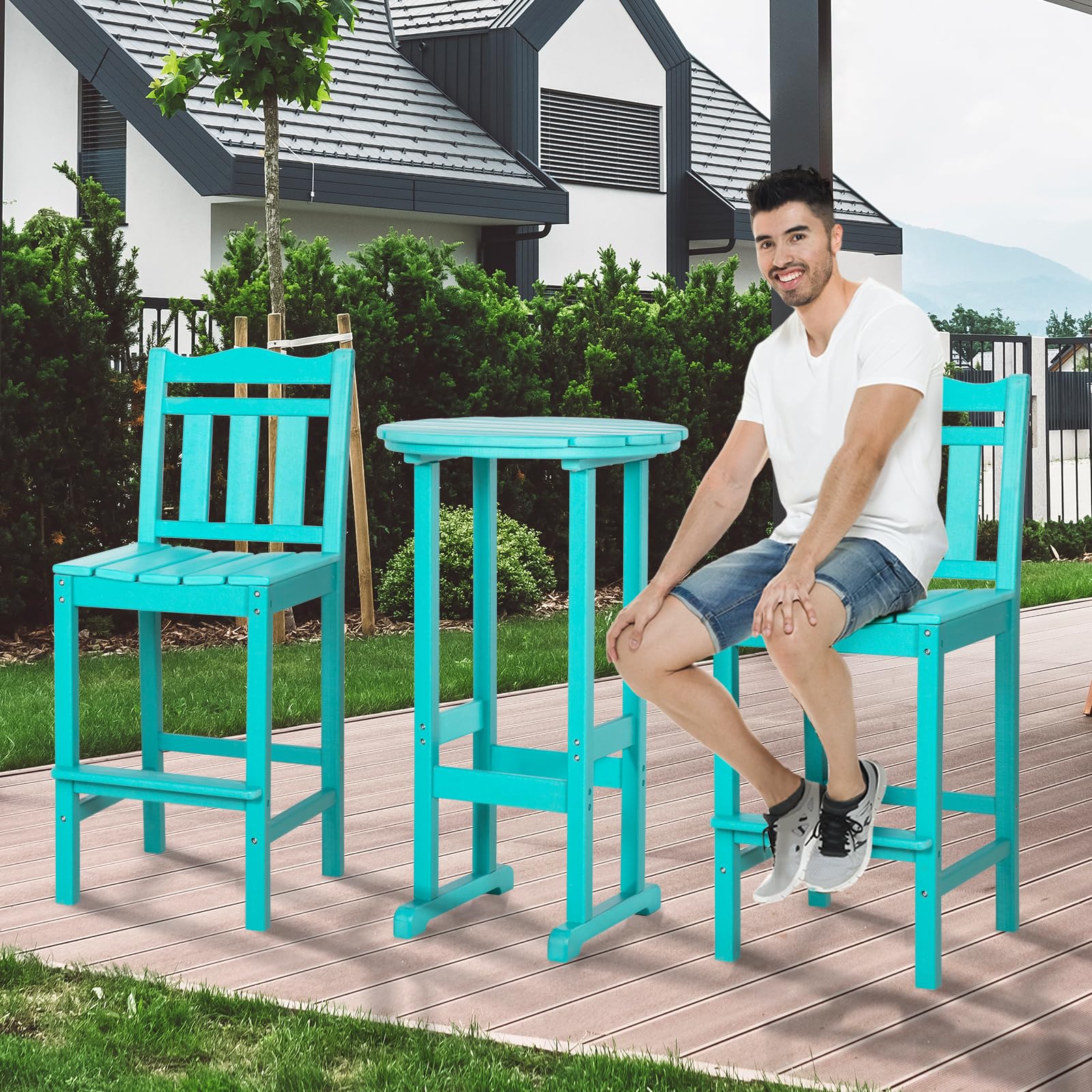 Premium HDPE Adirondack Bar Chairs and Table Set - 3-Piece Outdoor Patio Furniture for Garden, Yard, Balcony & Backyard - Durable Weather-Resistant Bar Stools for Relaxing, Entertaining & Outdoor Dining