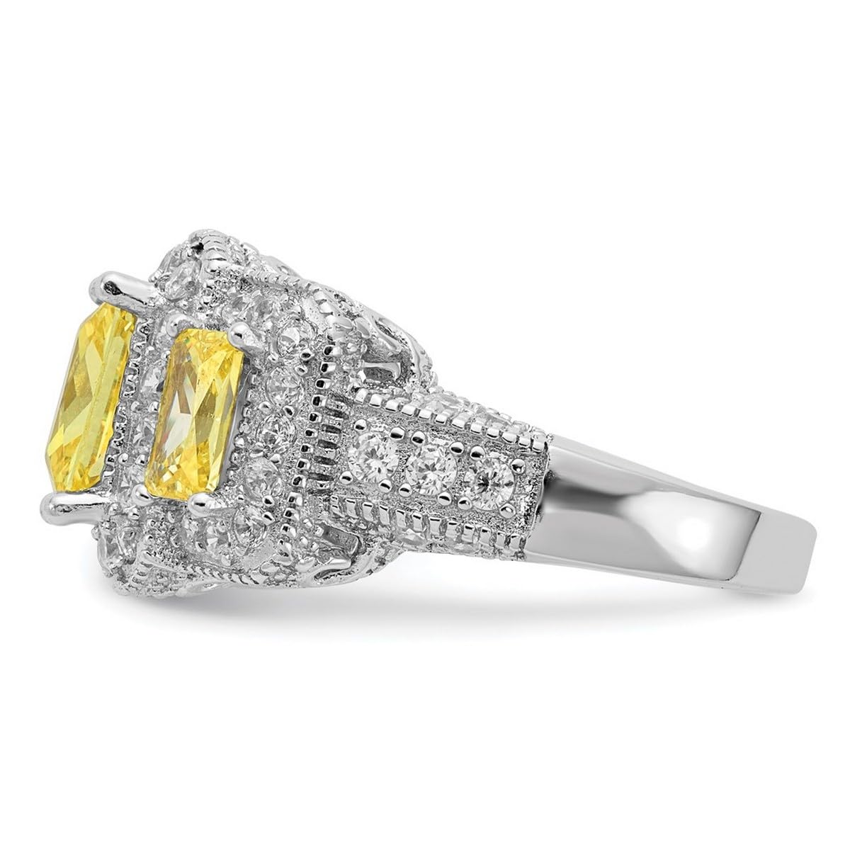 925 Sterling Silver Step Cut Radiant Cut Canary & White CZ Cubic Zirconia Simulated Diamond 3-Stone Ring for Women - 13.25mm Wide Wedding, Engagement & Anniversary Jewelry Gift