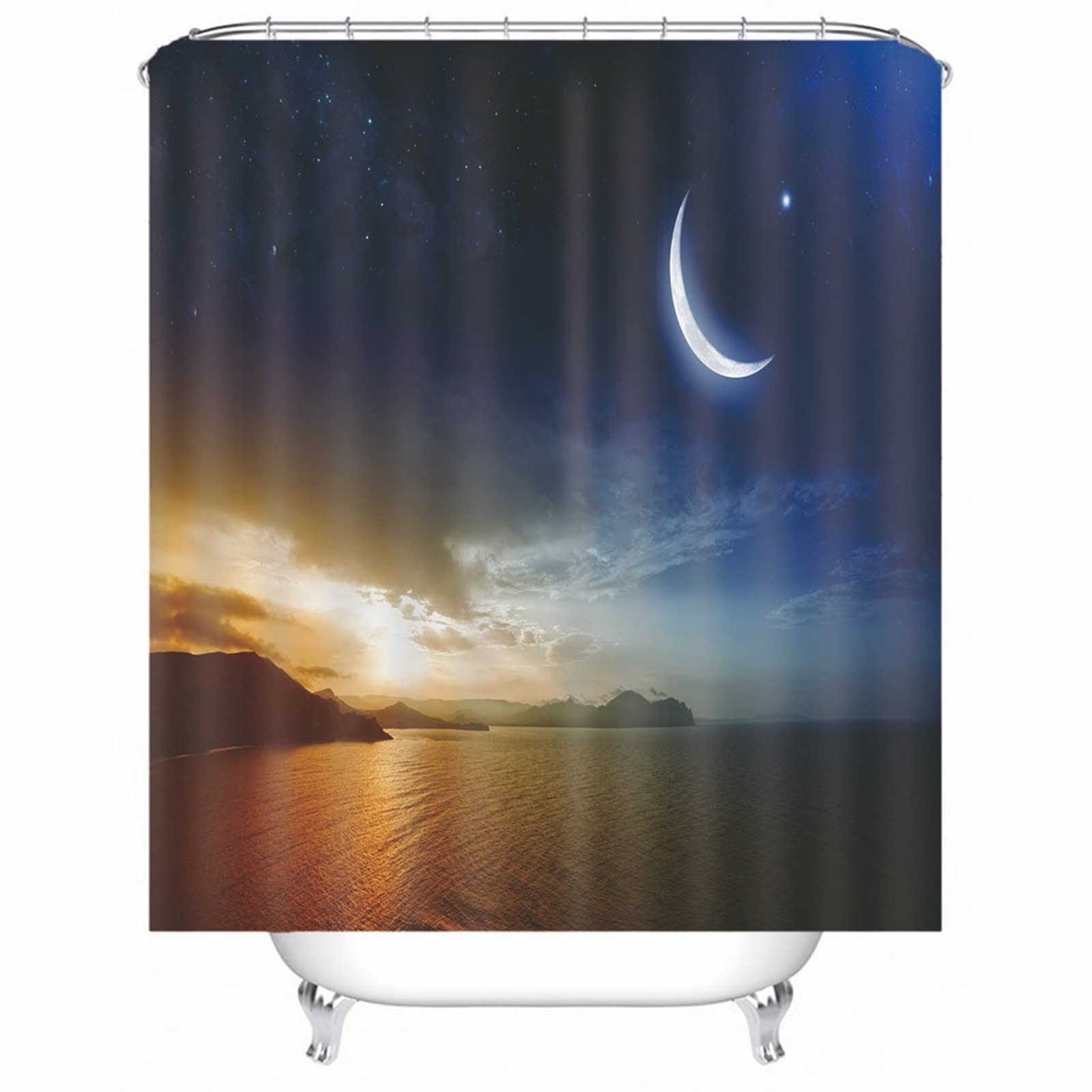 Premium Black Waterproof Polyester Shower Curtain Set - 59x71 Inches (150x180cm) with Hooks, Seascape Moon Design - Perfect for Bathroom Decor, Spa-Like Retreat & Coastal Themed Homes